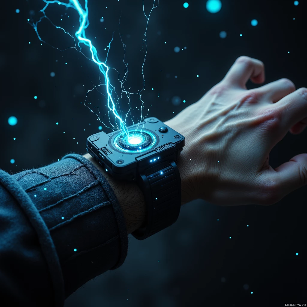 Semi-abstract image with many light, that is suitable for the post:  Wrist‑mounted reflex enhancer with matte black casing, shifting holographic lines, neon pulse indicators, built‑in micro‑haptic engine, sleek interface, subtle tapping feedback, futuristic cyberpunk design