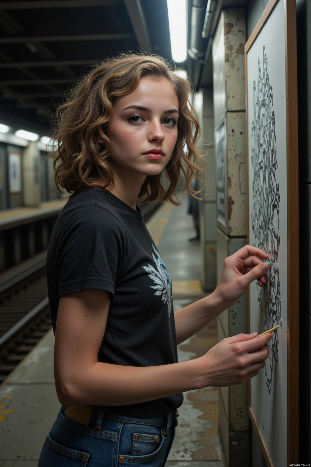 Realistic high quality photo. 26‑year‑old woman with curly light brown hair and green eyes, wearing casual jeans and a graphic t‑shirt, tracing intricate latticework on a back wall of an abandoned metro station at night, charcoal stick in hand, dimly lit with flickering overhead lights, deeply focused expression.