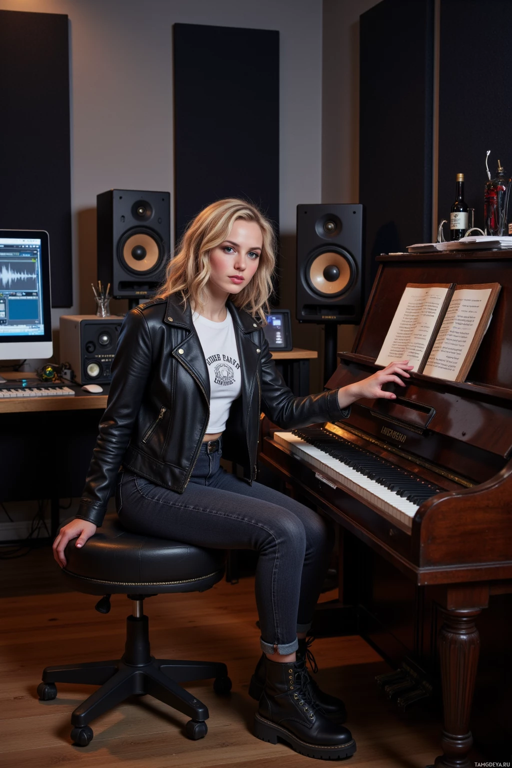 Realistic high quality photo. A 32‑year‑old woman with curly blonde hair and bright blue eyes, wearing a fitted black leather jacket over a white graphic tee, dark high‑waisted jeans and chunky black boots, intensely tweaks the midrange of a vintage upright piano in a dimly lit home studio at night, with a mixing desk, a large monitor displaying a waveform, a laptop open to a hybrid plugin interface, and surround‑sound speakers set against acoustic panels.