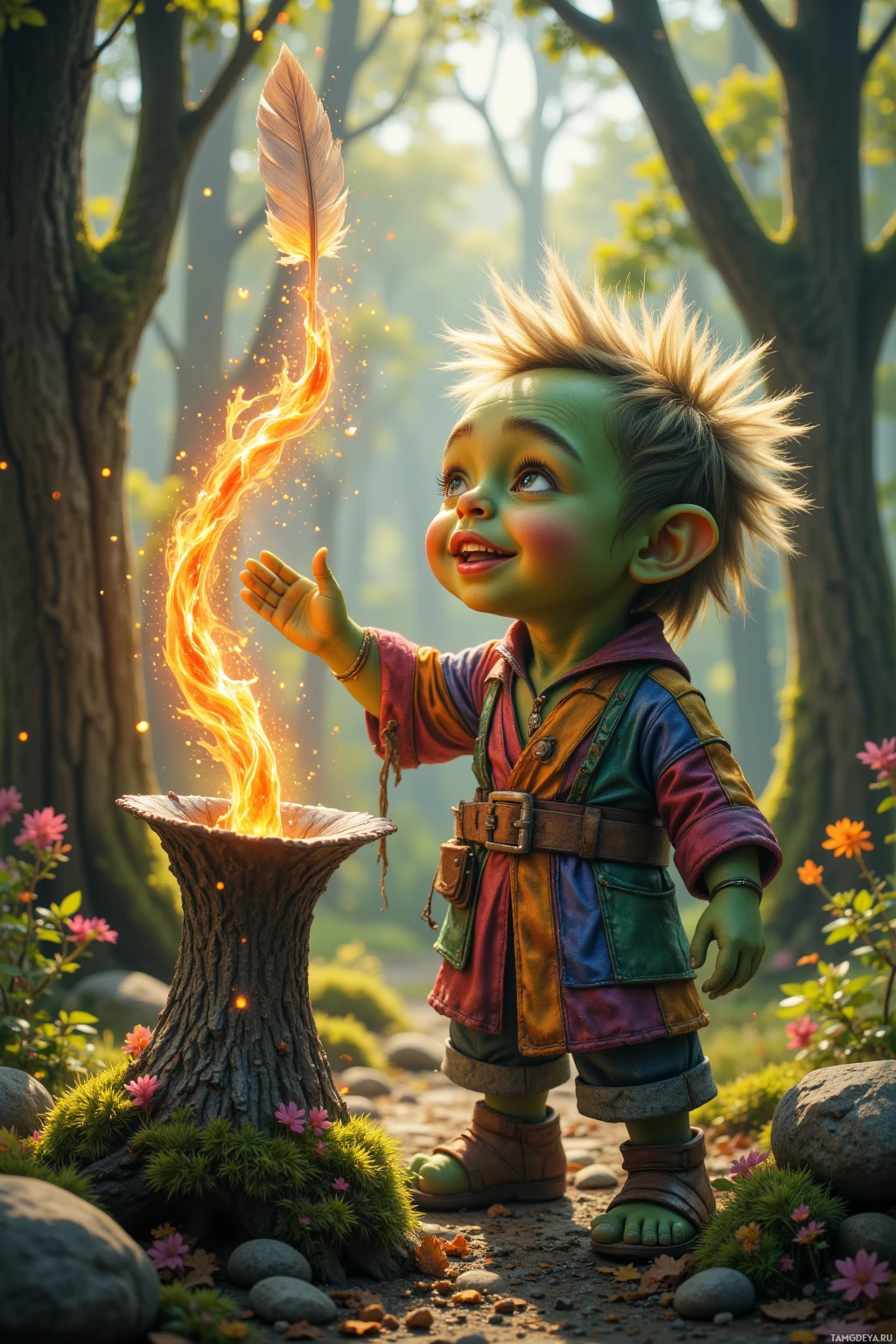 Realistic high quality photo. Small green‑skinned male goblin with spiky hair, wide grin and sparkling eyes wearing colorful patchwork clothes slips a silver feather into wizard’s hat, turning blazing fire spell into glitter cascade over an enchanted forest clearing at midday.