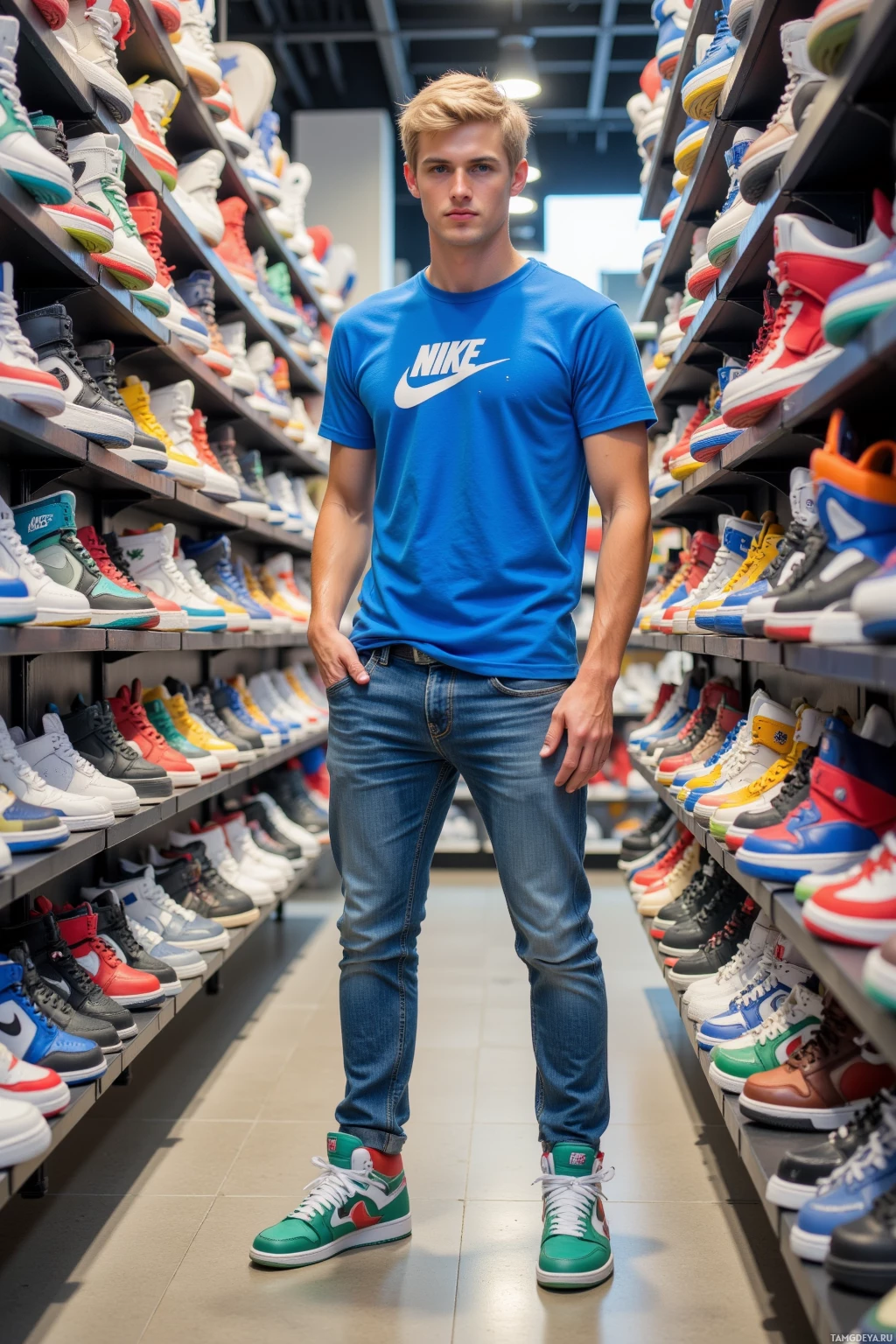Realistic high quality photo. A confident 20‑year‑old male sneakerhead with blonde hair and blue eyes, wearing a bold blue t‑shirt, denim jeans, and sleek limited‑edition sneakers, stands in a modern shoe store aisle lined with bright color‑blocked Airs, carefully examining each sole under natural daylight.