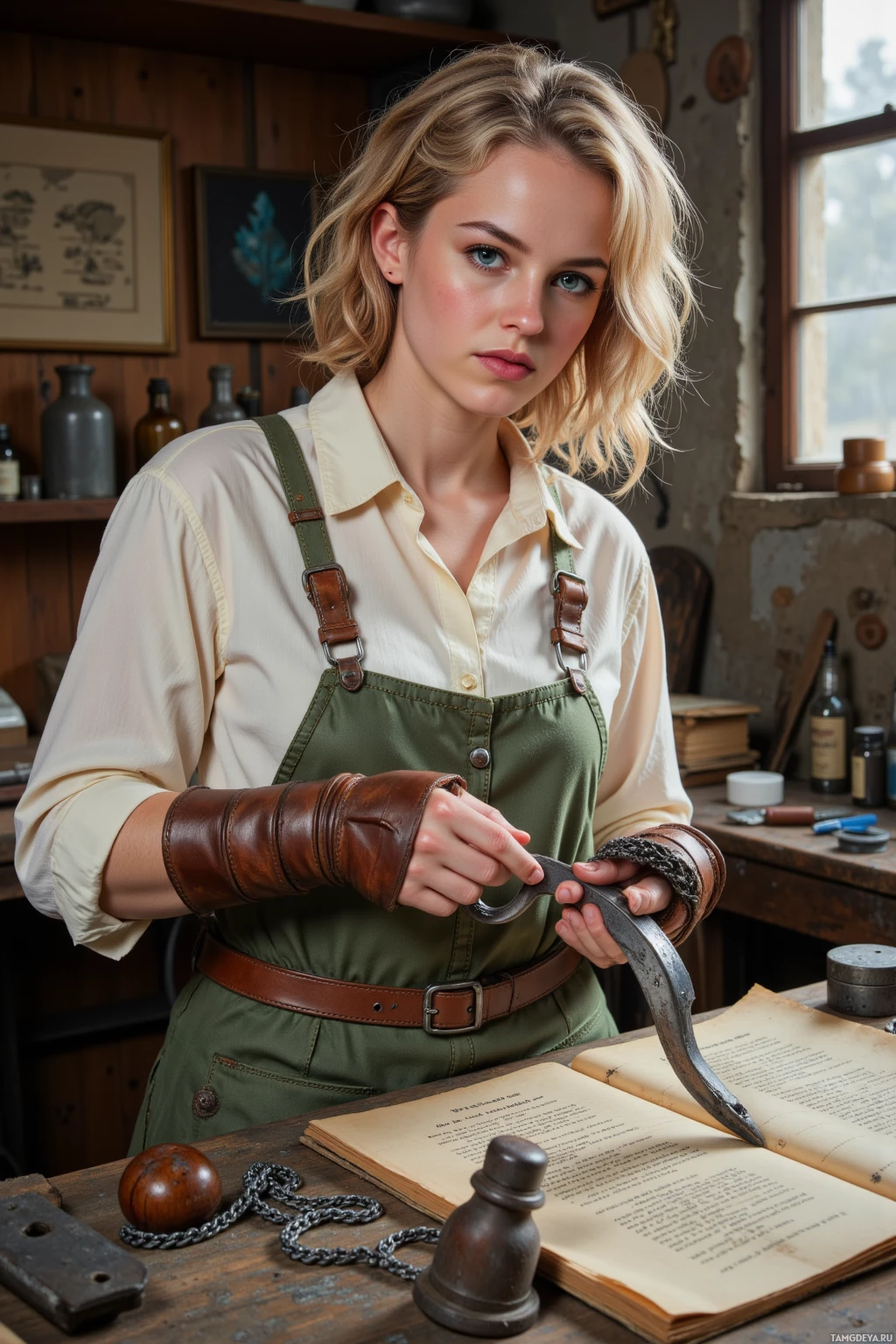Realistic high quality photo. Female 32-year-old with curly blonde hair, blue eyes, wearing a cream blouse, olive wool skirt, brown leather boots, and a leather apron, works in her chaotic yet methodical forge, shaping a hand‑crafted gauntlet from iron coils, with stacks of old parchment and vials on a wooden table, chainmail links aligned meticulously, sunlight filtering through a soot‑stained window, inspired by silver smiths of the Varan Dynasty.