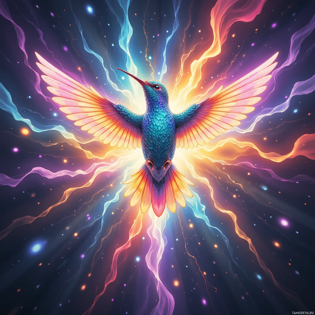 Semi-abstract image with many empty light space at center of beautiful background, that is suitable for the post:  The office clock turns into a hummingbird, chasing deadlines with iridescent wings.
