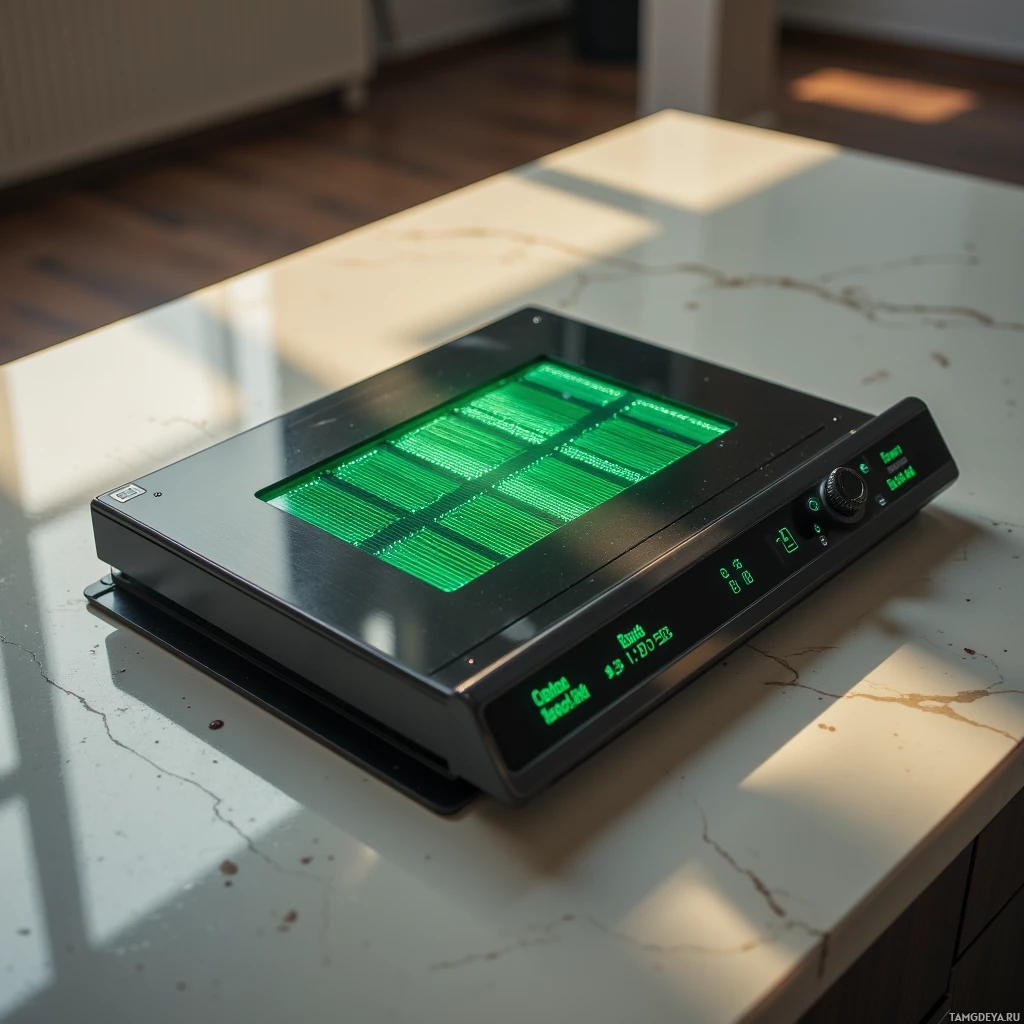 Semi-abstract image with many light, that is suitable for the post:  A pocket‑size solar‑powered induction stove, a slim brushed‑steel rectangle with a glowing green solar panel on top, a minimal touch screen, a built‑in compost drawer, and a small notification display showing carbon savings.