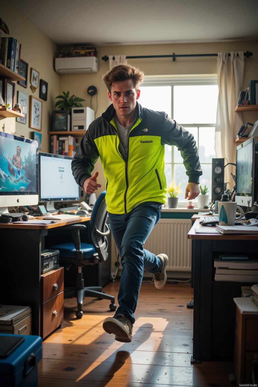 Realistic high quality photo. A 23‑year‑old man with light brown hair, blue eyes, pale skin, wearing a neon jacket and casual pants, sprinting across a cluttered home office with multiple computer screens showing looping memes, a coffee mug and notebooks scattered, early evening light filtering in, his face a mix of frantic focus and spontaneous joy.