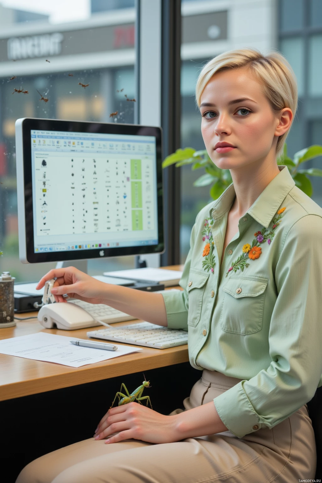 Realistic high quality photo. A woman with short blonde pixie cut and pale blue eyes wearing a pale green buttoned blouse embroidered with botanicals and a long beige skirt sits at a modern office desk in front of a computer screen filled with a beetle catalog spreadsheet; a small praying mantis leans on her knee while ants crawl across the window glass outside, reflecting her meticulous focus.