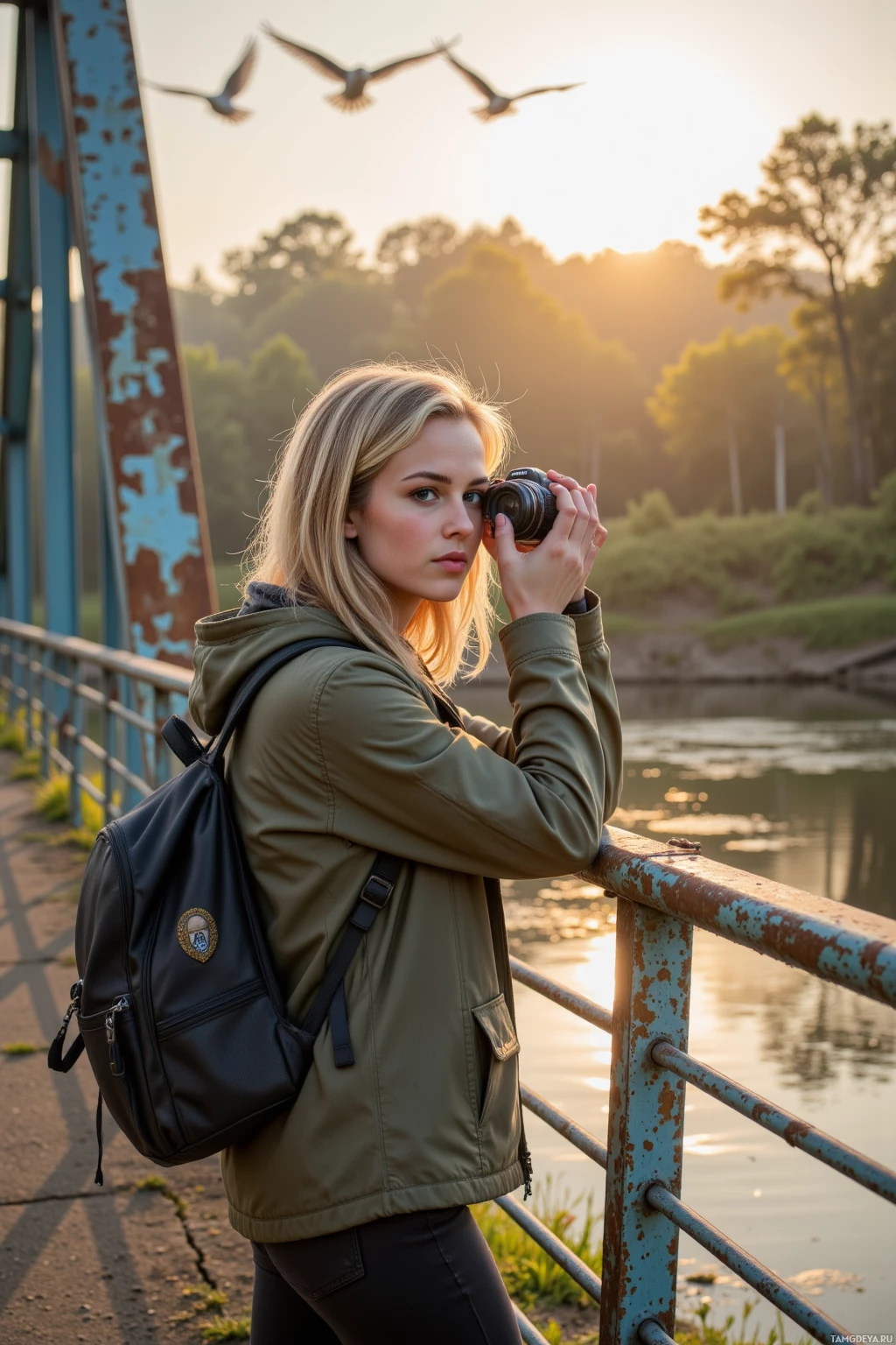 Realistic high quality photo. 25‑year‑old woman with messy sun‑kissed blonde hair and bright blue eyes, wearing a lightweight jacket, durable pants, hiking boots, camera around her neck and backpack on her shoulder, standing by an aged metal river bridge at sunrise, photographing flocks of birds dancing across the steel girders as early morning light filters through a glass shutter.