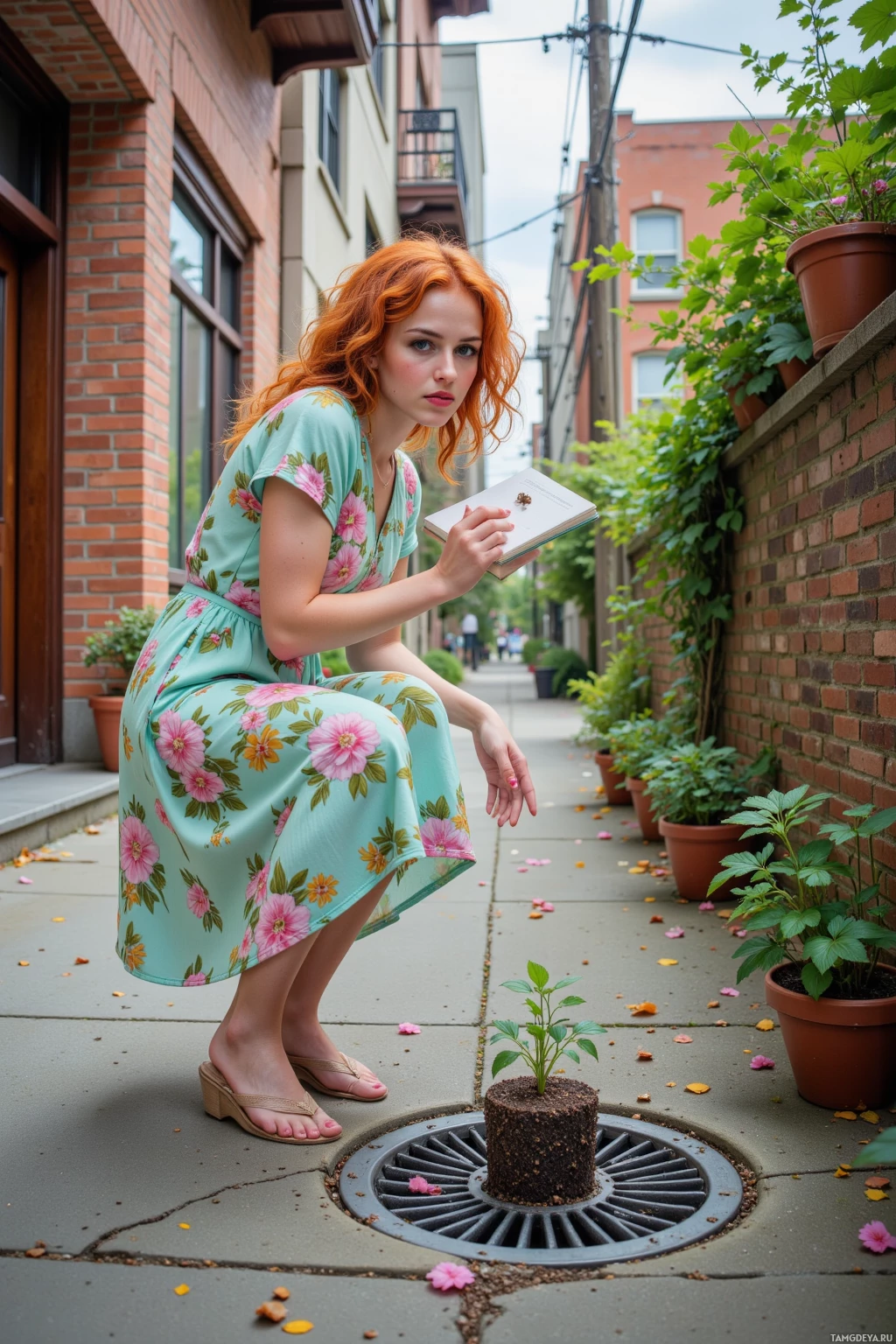 Realistic high quality photo. Woman with curly orange hair and bright blue eyes in a knee‑length pastel floral dress stands beside an urban storm drain at midday, holding a seed diary notebook as she watches a sprouting soil cube on cracked pavement below while pointing to thorny vines climbing the balcony garden walls.