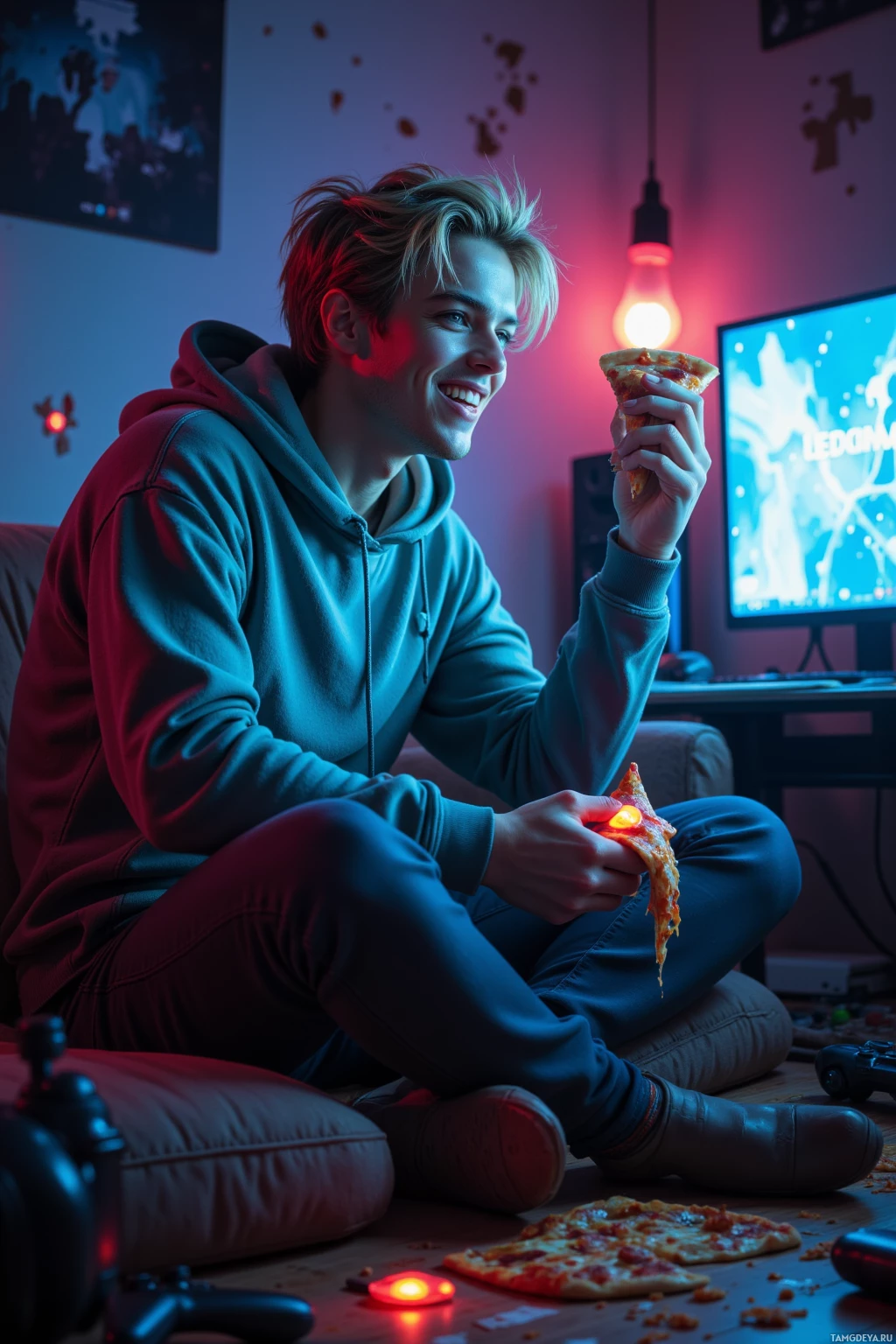 Realistic high quality photo. 19‑year‑old male with messy blonde hair and bright blue eyes, pale skin glowing from a flickering game monitor, wearing a greasy oversized hoodie, sits on a pizza‑scented couch in a dim apartment, holding a slice of pizza, surrounded by scattered gaming controllers and glowing pixelated glitch fragments resembling a broken level 69, laughing sarcastically, dropping a pizza slice onto a cluttered floor, with a chaotic, meme‑filled late‑night gaming atmosphere.