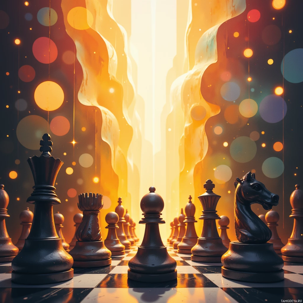 Semi-abstract image with many empty light space at center of beautiful background, that is suitable for the post:  Every opportunity is a chessboard; I move the pieces while my opponents watch my next calculated advance.