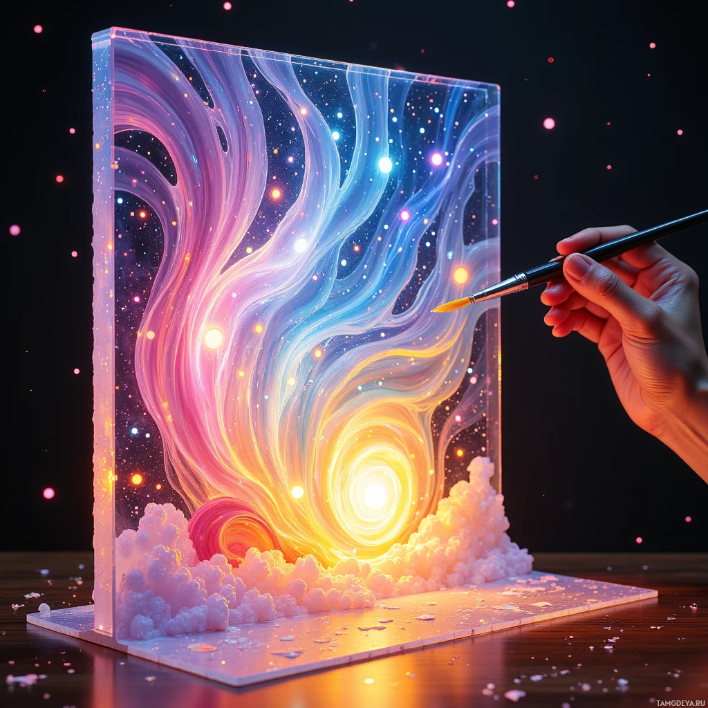 Semi-abstract image with many light, that is suitable for the post:  Hand‑crafted interactive canvas of smooth translucent glass with a subtle iridescent glaze, a thin micro‑LED array underneath that illuminates and shifts pastel swirls into a sunrise‑like glow as brush strokes are made.