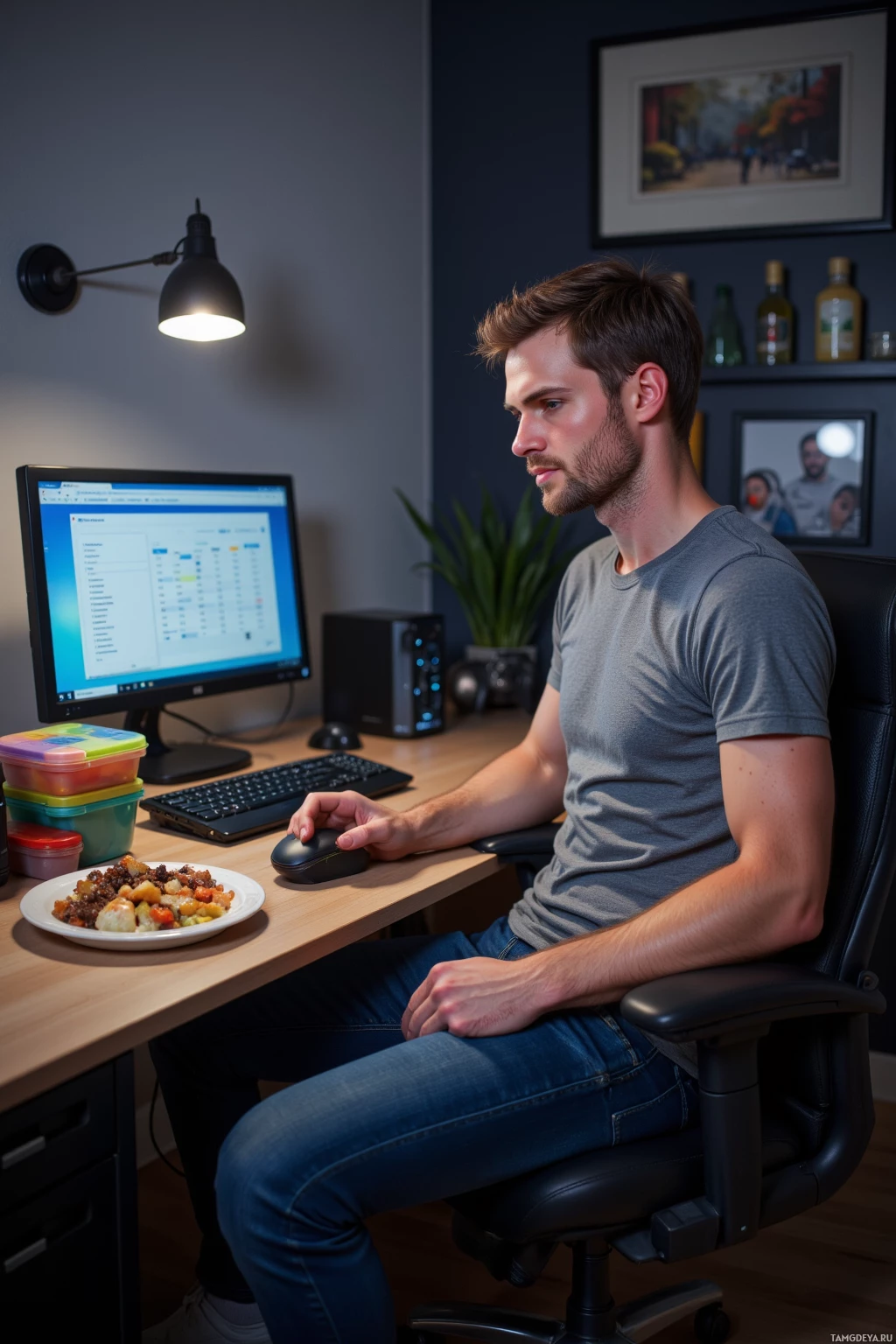 Realistic high quality photo. male, 32, Man with light brown short hair, blue eyes, wearing a gray t-shirt and fitted blue jeans sits at his home office desk late evening, surrounded by color‑coded lunch containers on the counter, an open laptop displaying a perfectly balanced quarterly budget spreadsheet, a gaming console with controller beside him, and a small plate of reheated leftovers; he calmly places a mouse back into its spot, reflecting a relaxed efficient routine under soft evening lighting.
