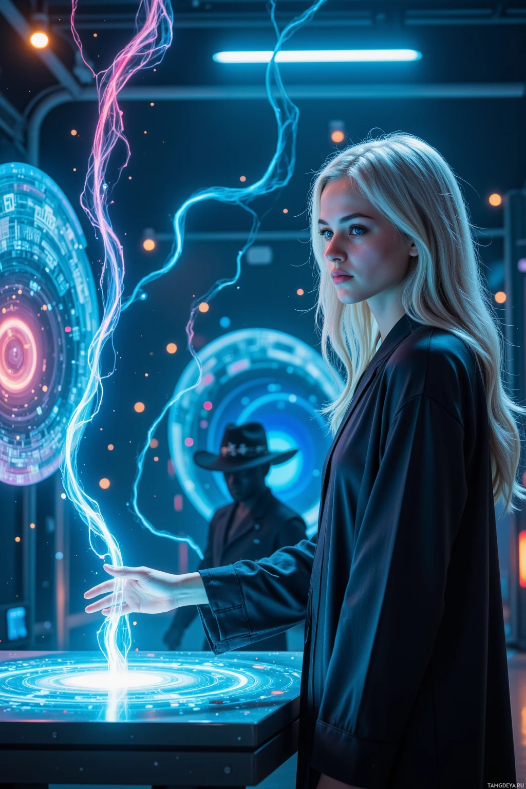 Realistic high quality photo. 29‑year‑old female scientist with long silver hair and bright blue eyes in sleek futuristic robes stands in a humming nanobot incubator lab at night, observing a glowing prototype beside a quantum interface of ancient glyphs, while auroral ribbons of code swirl overhead and a faint cowboy‑hat silhouette with bone motifs flickers in the background.