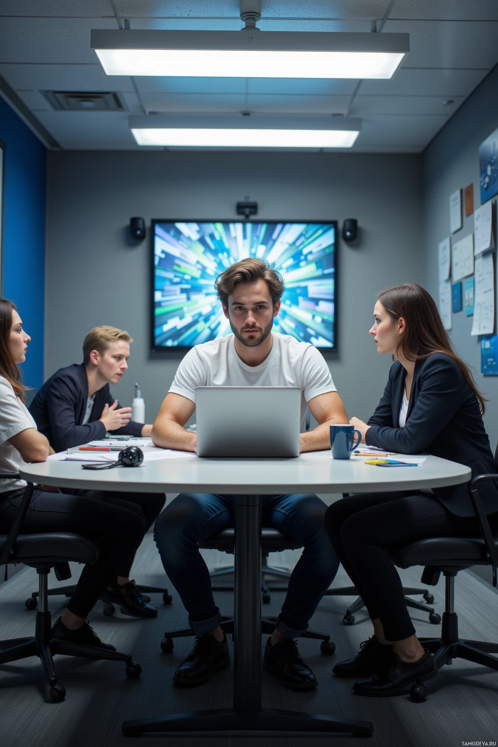 Realistic high quality photo. Male, 25, messy brown hair, bright blue eyes, pale skin, wearing a white black t‑shirt, dark blue skinny jeans, black sneakers, sits at a modern office conference table at midday, laptop open showing a glitchy pixelated art draft on screen, colleagues in business attire stare in surprise, fluorescent lighting, a coffee mug, a headset on the desk, digital glitch effect on the displayed artwork