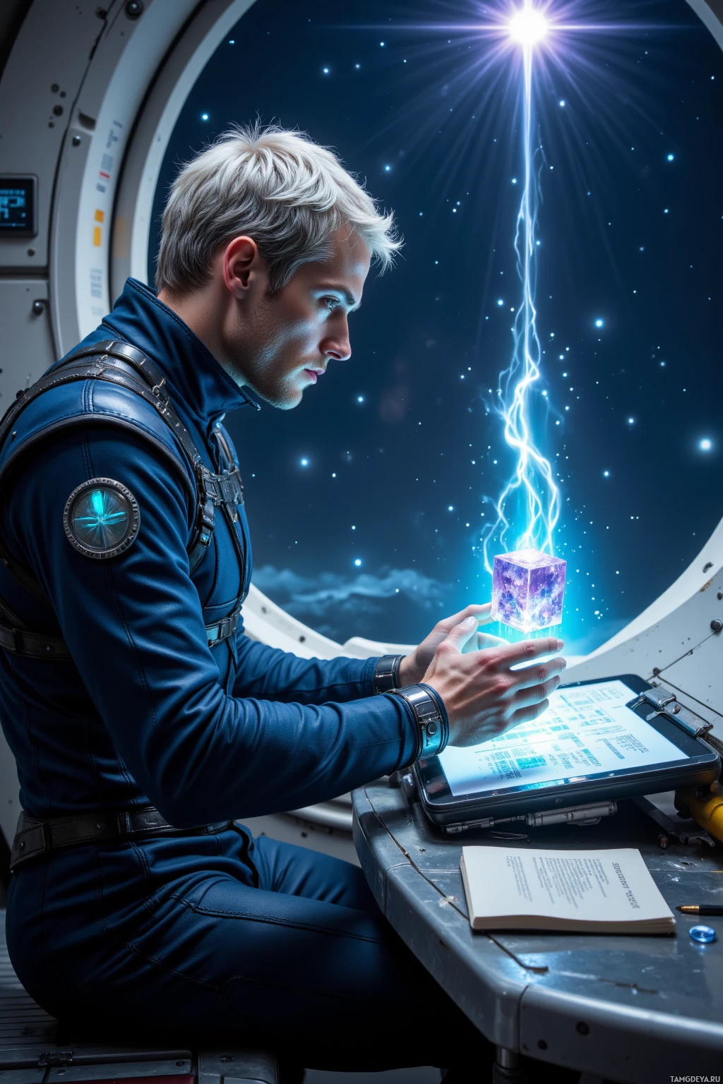 Realistic high quality photo. Male, 33, dark‑blue flight suit, silver‑streaked hair, glowing blue‑green eyes, silver star pendant necklace, fair complexion, calibrating a spectrometer on a late‑night orbital deck with a faint glimmer of a dying pulsar overhead, crystal cube humming beside a workbench, holographic tablet open with notes, reactor hum in the background, surrounded by sleek metal panels and a view of the star‑filled void.