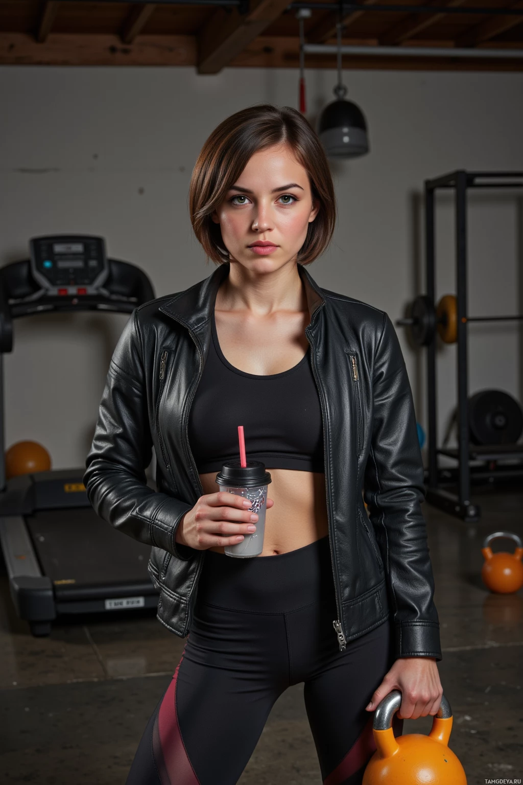 Realistic high quality photo. A 29-year-old female fitness trainer with short dark brown hair, intense brown eyes, sun-kissed skin wearing a fitted leather jacket and athletic gear, mid-burpee in a cluttered gym studio full of kettlebells and an old treadmill, holding a protein shake in one hand while gripping a pizza-box shaped kettlebell, dramatic lighting highlighting her confident posture.