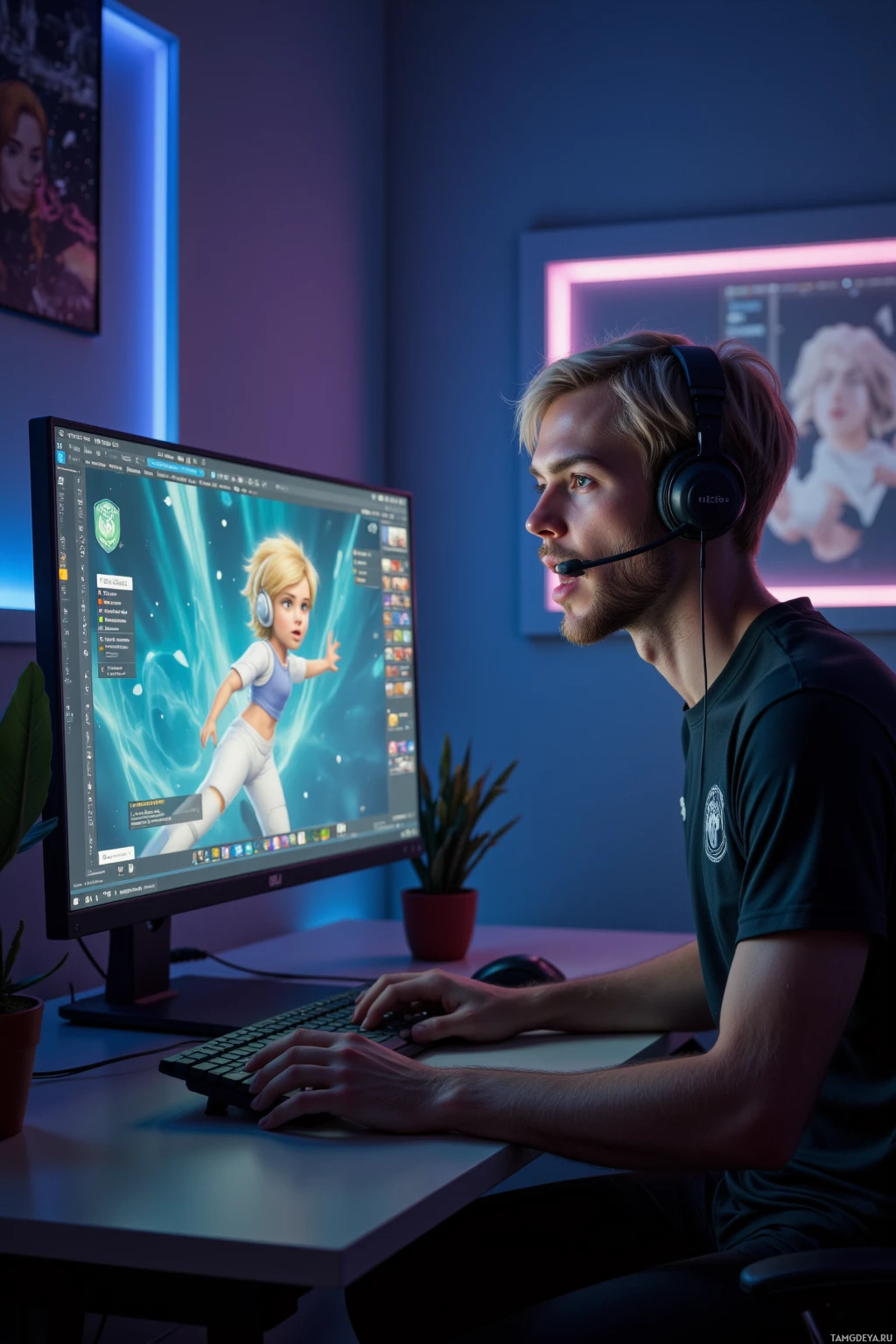 Realistic high quality photo. 27‑year‑old male streamer with short blonde hair and blue eyes, pale skin, wearing a fitted athletic jersey and slim joggers, mid‑gesture in front of a modern gaming desk at night, headset on, eyes on a computer monitor showing a 1‑v‑1 match with live chat overlays, reacting with exaggerated surprise to a sudden latency spike while coaching a rookie on a frame‑perfect combo, ambient lighting flickering from the screen.