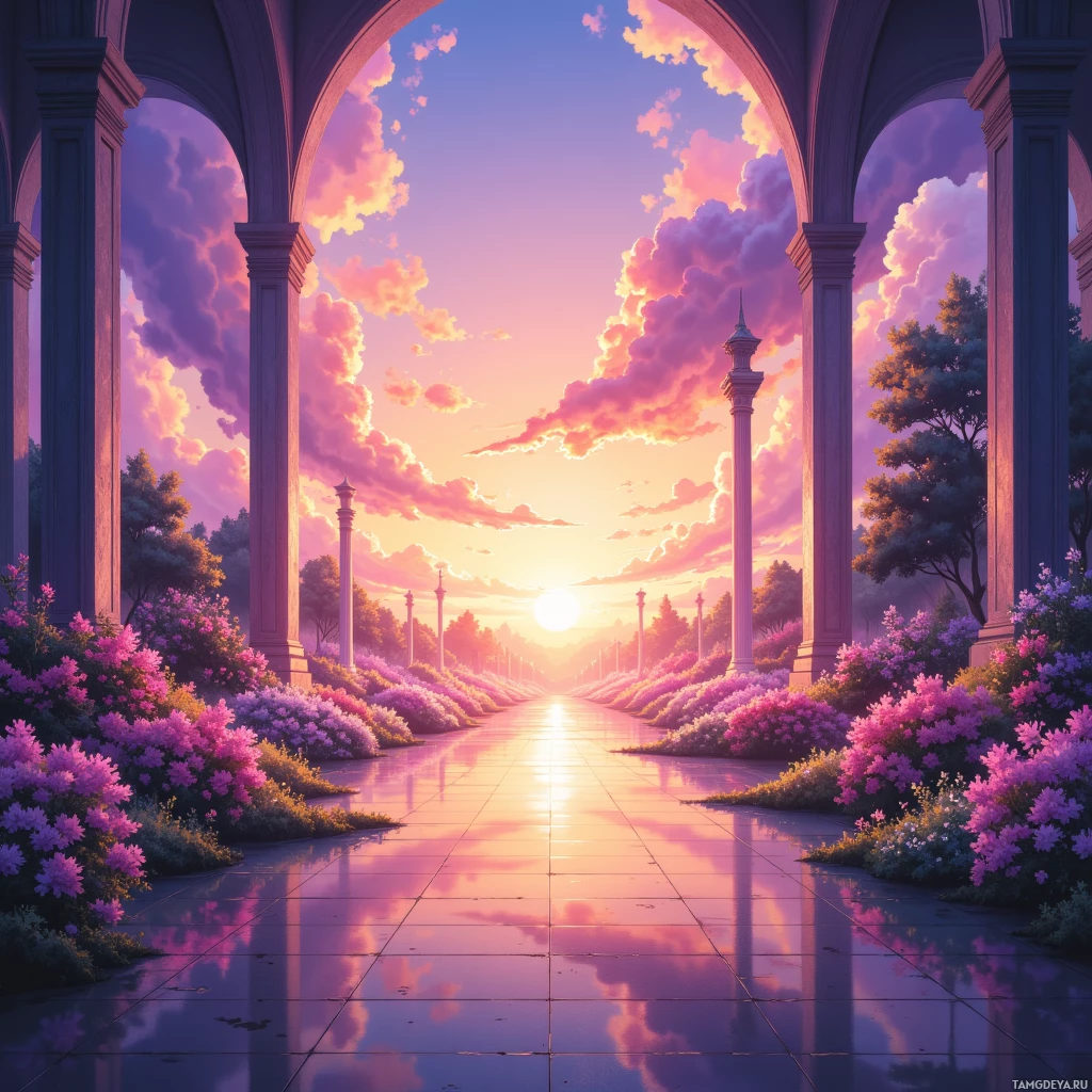 Semi-abstract image with many empty light space at center of beautiful background, that is suitable for the post:  My enthusiasm level just got a speed boost when an otaku sunrise paints the lobby of my dreams.