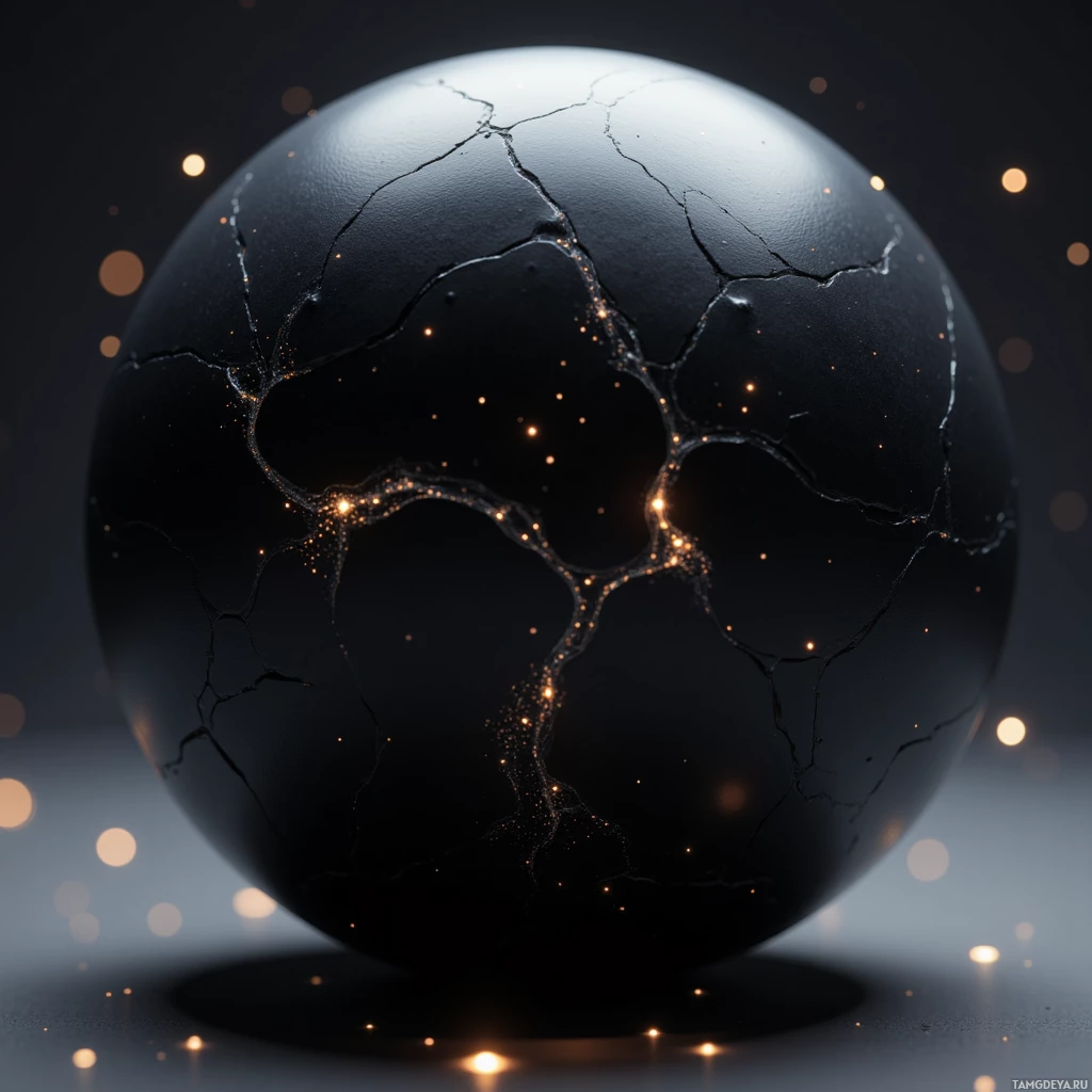 Semi-abstract image with many light, that is suitable for the post:  matte black sphere the size of a tennis ball with a faintly glowing micro‑etched pattern on its surface, embedded MEMS microphones and ultrasonic sensors inside, a subtle touchpad region, and visible graphene battery cells for power.