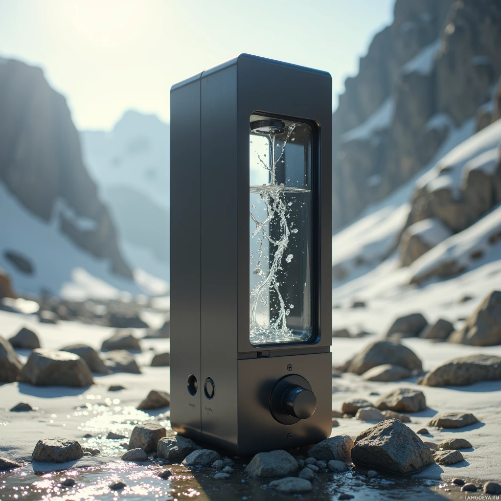 Semi-abstract image with many light, that is suitable for the post:  A compact 40‑centimeter tall solar‑powered water distiller with a matte titanium casing, sleek minimalist form, integrated silent pump, self‑cleaning membrane exposed through a small glass window, no moving parts, and rugged weatherproof finish.