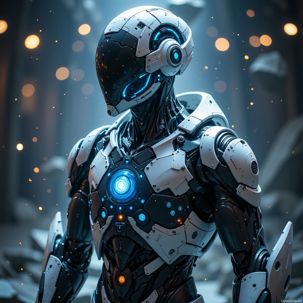 Semi-abstract image with many light, that is suitable for the post:  Prototype Helix Modular Exosuit with a lattice of translucent polymer and glowing microprocessor cores, limbs that ripple with fluid motion, self‑repairing polymer seams sealing microfractures, matte black chassis, and a neural interface pad emitting soft blue light.