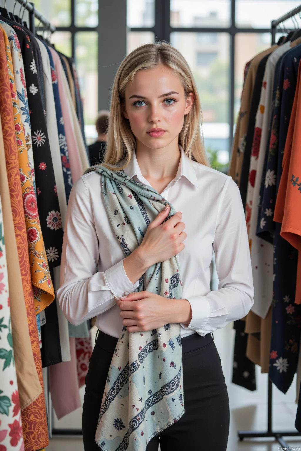 Realistic high quality photo. A 30‑year‑old woman with blonde straight-cut hair, bright blue almond eyes and fair glowing skin, wearing a white blouse, fitted black trousers and high heels, standing in a sleek boutique showroom filled with hanging avant‑garde printed fabrics, scrutinizing them with a scowling expression while holding a pattern against her chest amid polished display tables under natural midday light.