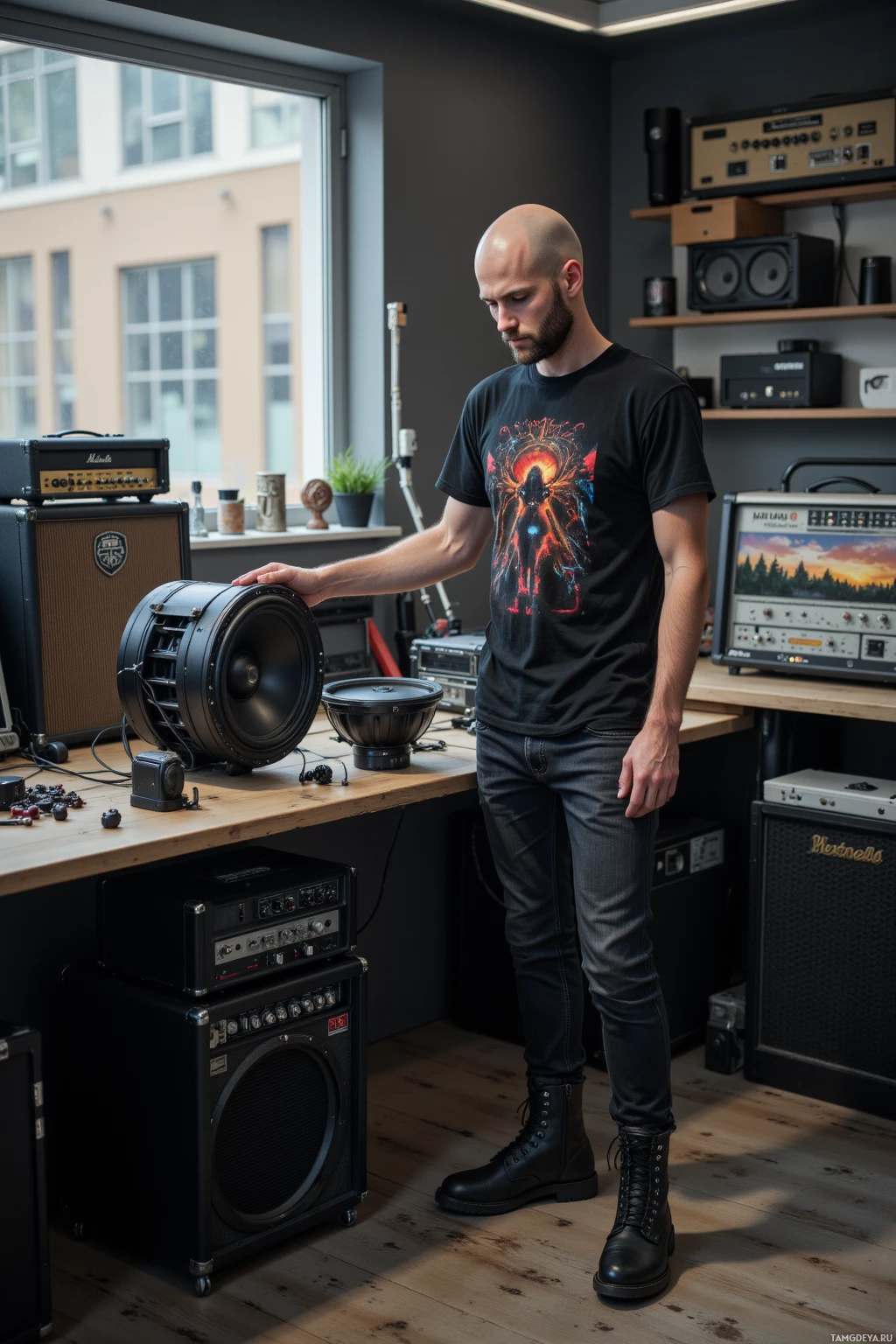 Realistic high quality photo. 29‑year‑old man with a shaved head, blue eyes, pale skin, wearing a faded black band t‑shirt, dark jeans, worn combat boots, standing in a modern music studio, reassembling a cracked speaker on a meticulously organized workbench, listening to a single pure tone while the room subtly pulses with light, his posture tense and focused amid broken amp parts and scattered instruments.