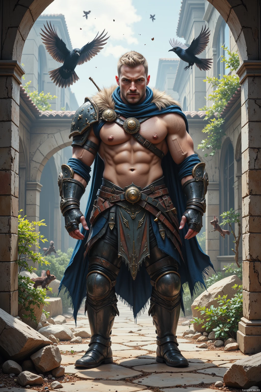 Realistic high quality photo. Muscular man, 31, dark blonde hair, blue eyes, pale skin, wearing fur‑lined leather armor with metal accents and bone details, stands in a post‑apocalyptic backyard of cracked earth, broken plastic and scattered debris, building an invisible snare maze for a crow with a spring‑loaded bell emitting Morse code, wind swirling, squirrels hovering nearby.