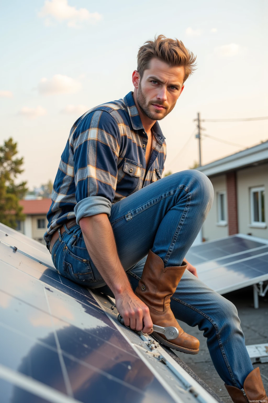 Realistic high quality photo. Tall 30‑year‑old man with messy blonde hair, blue eyes, pale skin in a plaid flannel shirt, worn jeans and scuffed work boots tightening bolts on a bright morning rooftop solar panel array, holding a wrench with a scarred left forearm visible, standing confidently without assistance.