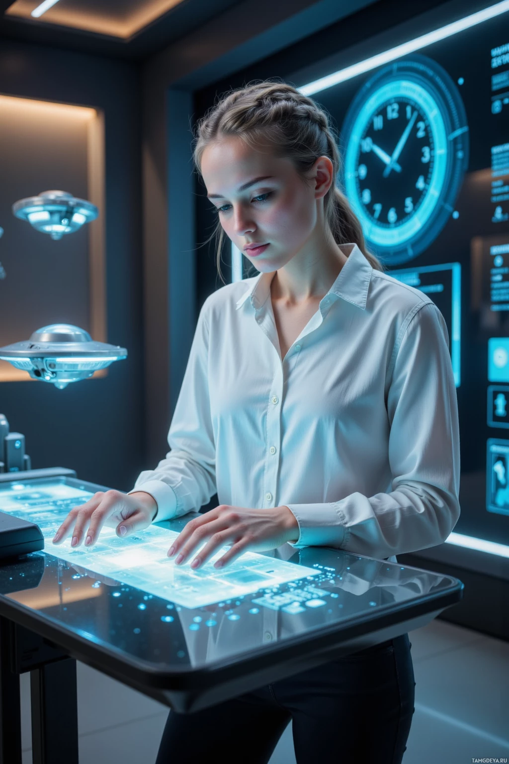Realistic high quality photo. Female scientist, 29, iron‑grey braided hair, piercing blue eyes, chiseled features, pale skin in crisp white blouse and tailored black trousers, stands at a holographic console in a dimly lit quantum lab at night, surrounded by floating companion drones and a chronoclock display, focused expression, hands typing on a transparent interface.