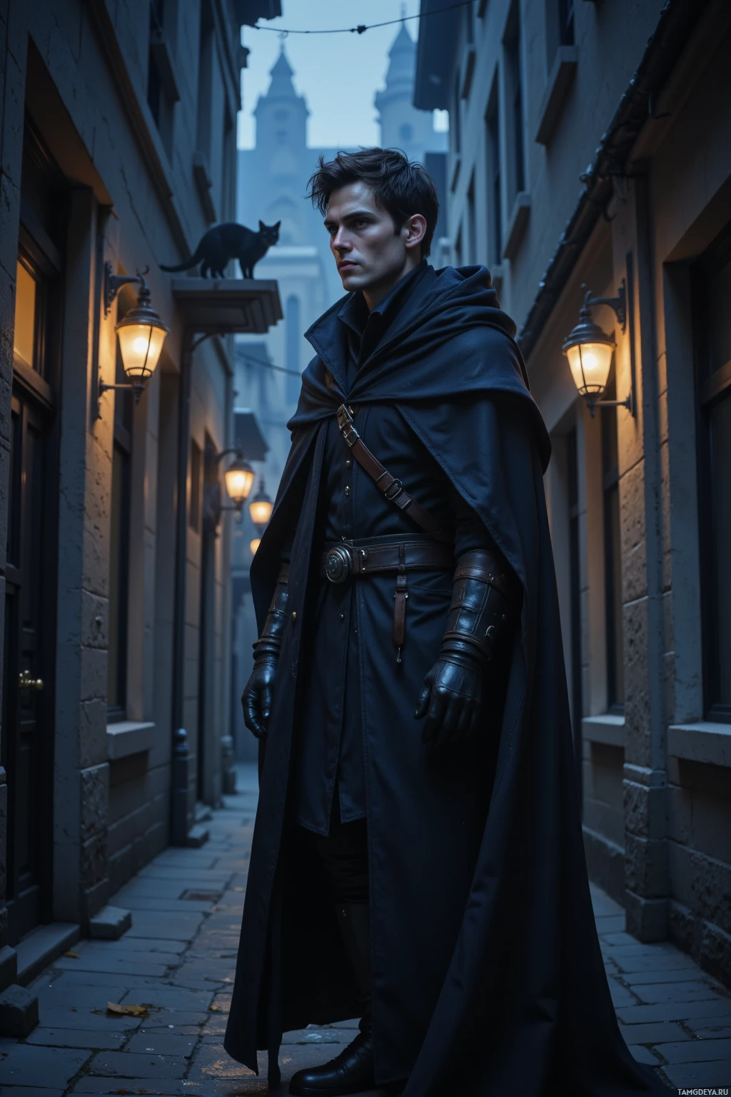 Realistic high quality photo. Tall 31‑year‑old man with dark tousled hair, piercing blue eyes, pale skin, wearing a long shadowy cloak with hood up and dark practical attire, silently stands on a narrow city alleyway at night, watching a stray cat perched on a rooftop ledge while city lights softly bleed over buildings, his posture tense and focused, embodying stealth and precision.