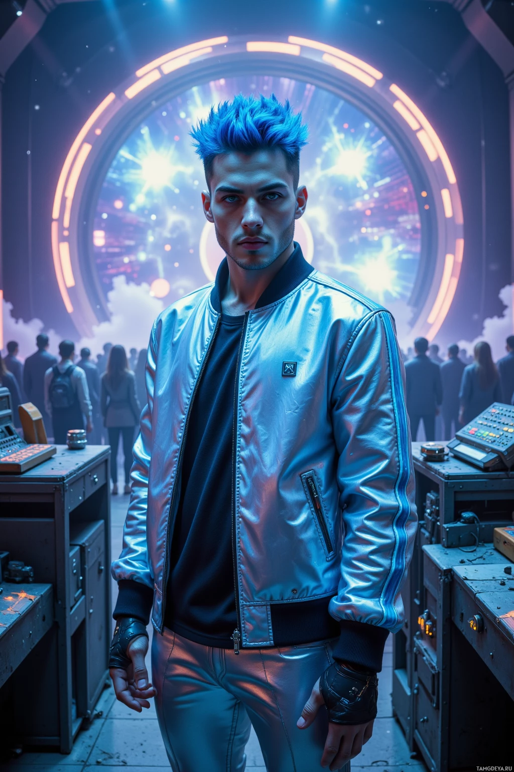 Realistic high quality photo. Male 30, neon blue tousled hair, bright cyan eyes, pale skin, wearing a sleek silver jacket with glowing neon stripes and fitted metallic pants, standing center of a dimly lit futuristic studio surrounded by broken drums, glitching synth panels, and swirling sonic energy waves, with a holographic crowd in the background at dusk.