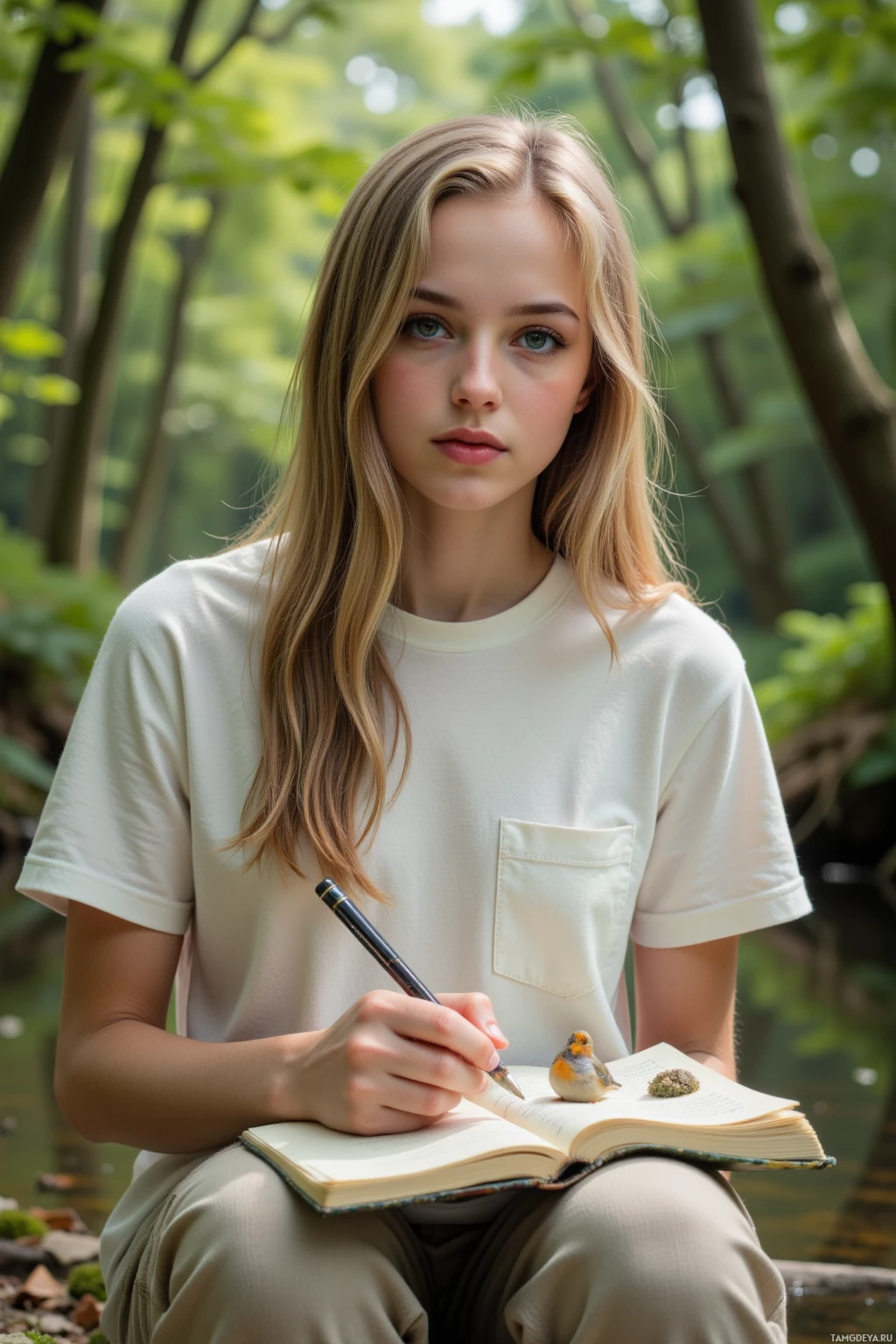 Realistic high quality photo. A 21‑year‑old woman with long loose blonde waves, clear blue eyes and pale smooth skin, wearing an eco‑friendly cotton t‑shirt and linen pants, sits by a riverbank in a sunlit forest, sketching a wounded robin on moss while she writes a small note in her pocket notebook under soft canopy light.