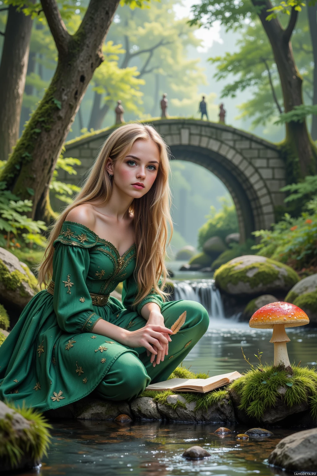 Realistic high quality photo. A young woman with long blonde braids and bright green eyes in an emerald gown with leaf embroidery kneels beside a gently flowing brook under a mossy canopy, holding a quill to record a forgotten bridge legend while a question‑mark shaped mushroom watches over the moss‑covered roots, early afternoon mist rising.