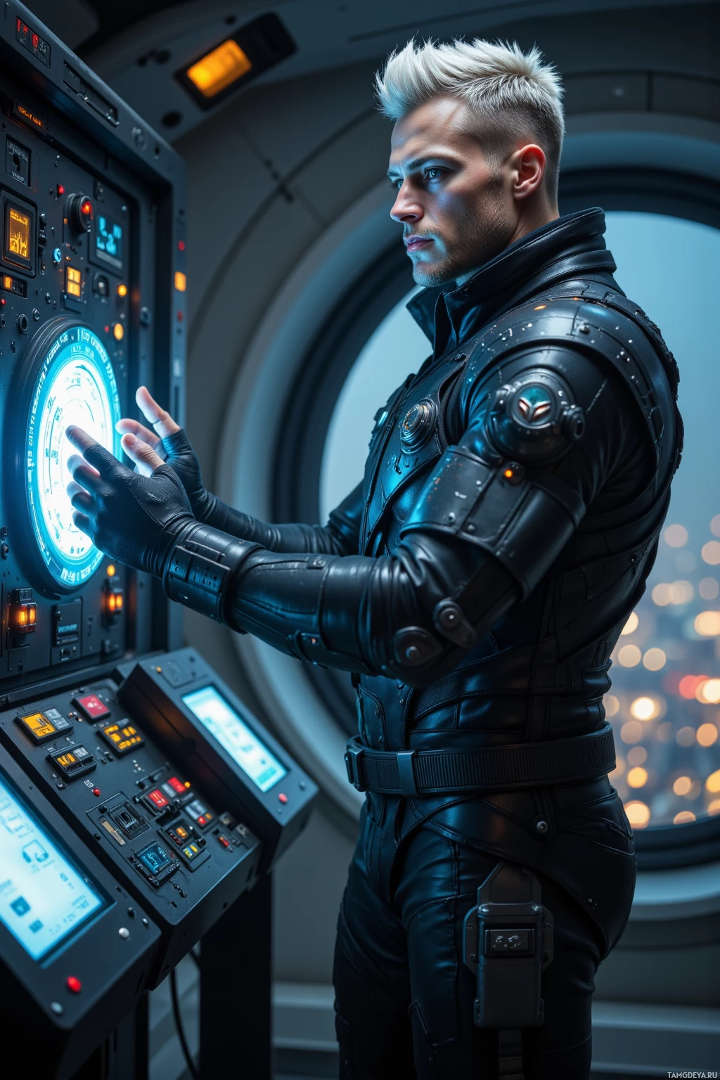 Realistic high quality photo. Tall muscular 35‑year‑old male with short metallic silver pompadour, piercing blue eyes, pale skin, wearing a streamlined black tactical jumpsuit with silver accents, stands in a dimly lit night command hub, calibrating a holographic neural interface beside glowing processors while a flickering city skyline shimmers through a viewport, his expression disciplined and focused.