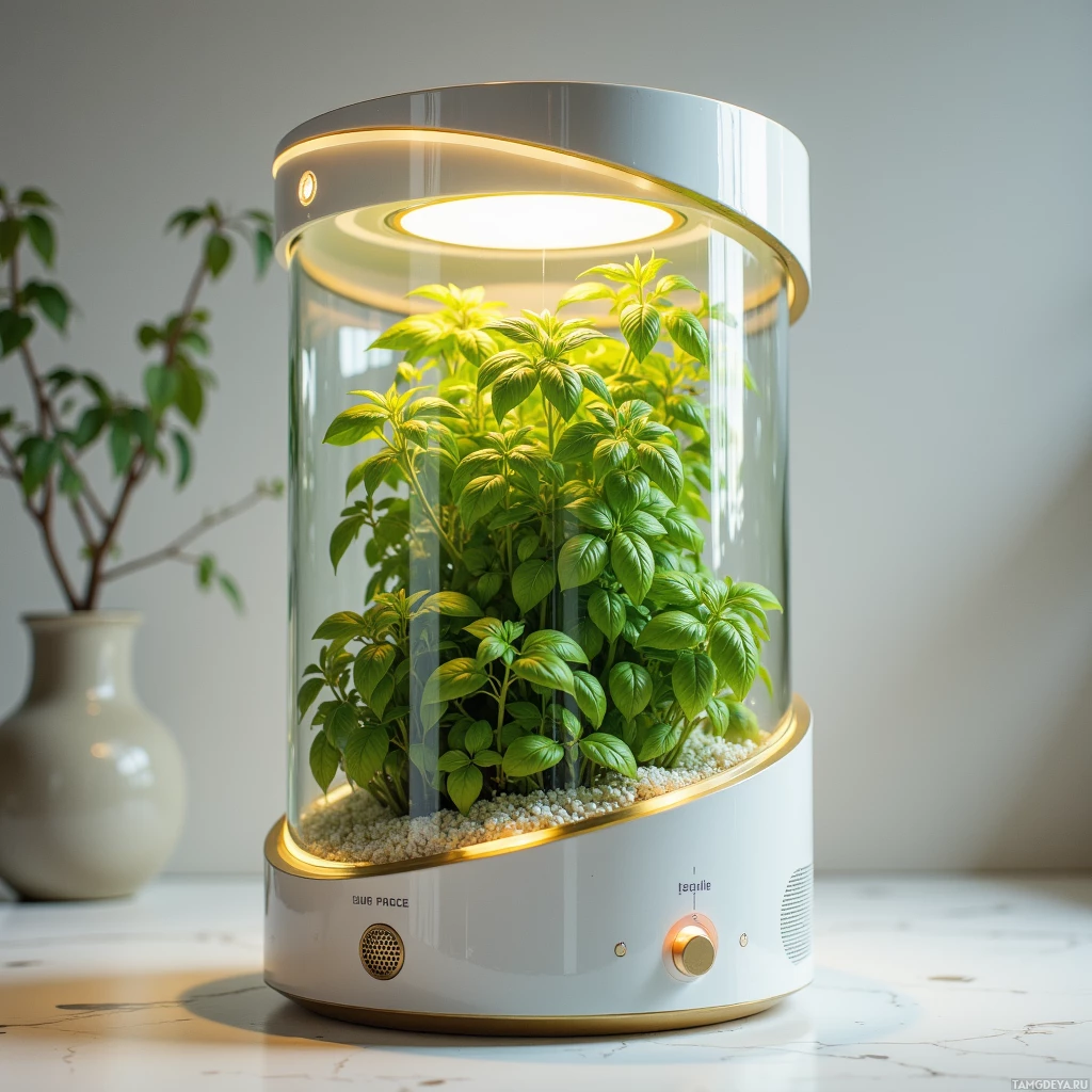 Semi-abstract image with many light, that is suitable for the post:  A compact transparent glass herb garden tower with a curved LED strip around its base, a minimalist touch screen panel on the front showing watering and light cues, subtle brass accents, tiny green basil leaves growing inside, and a built‑in speaker for voice reminders.