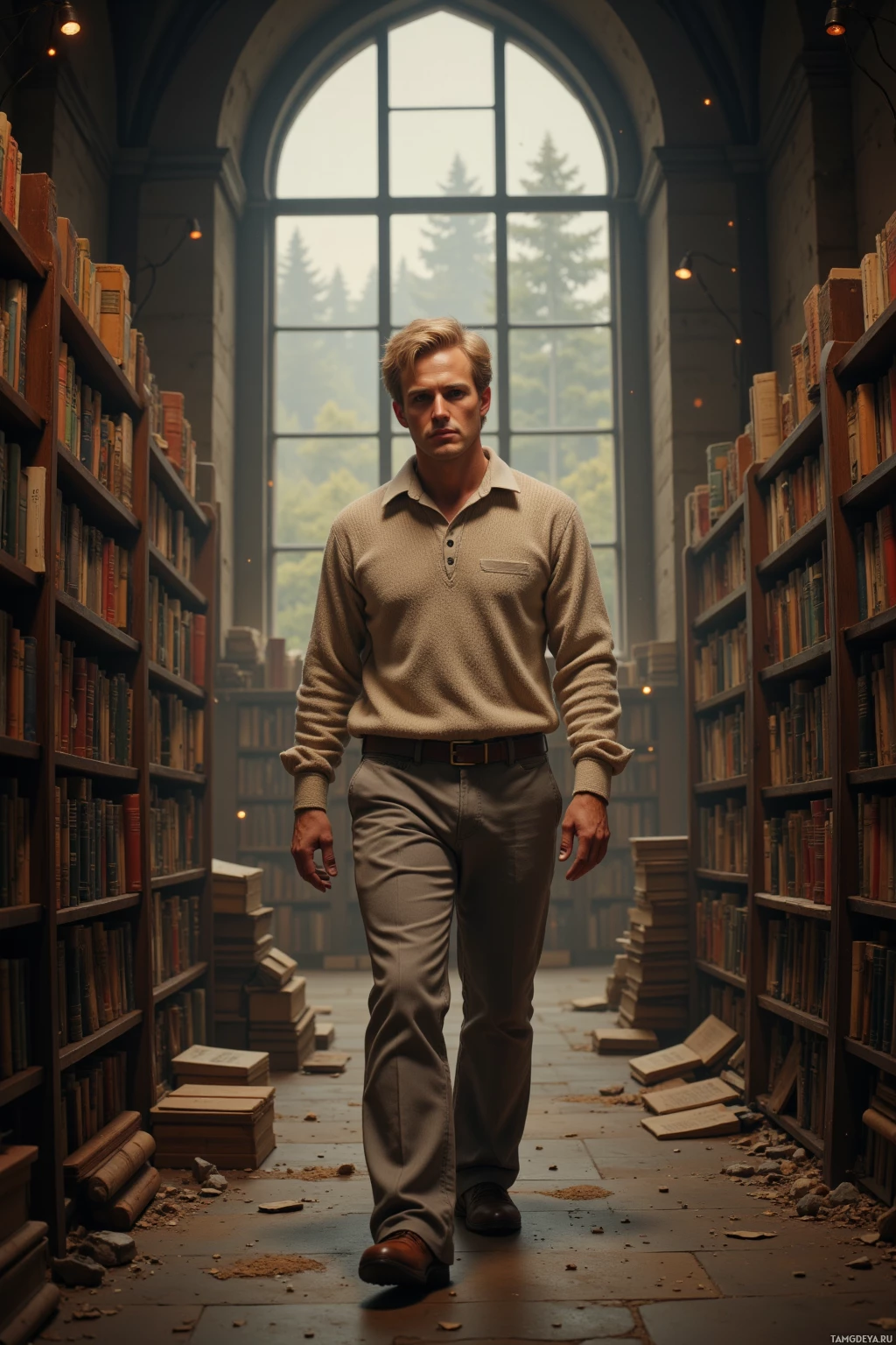 Realistic high quality photo. A relaxed 38‑year‑old man with blonde hair, blue eyes and pale skin, wearing a light beige sweater and soft gray pants, walks through the dimly lit aisles of an old dusty bookstore at late afternoon, his expression contemplative yet slightly frustrated, surrounded by towering stacks of worn books and warm amber light filtering through tall windows, dust motes drifting in the air.