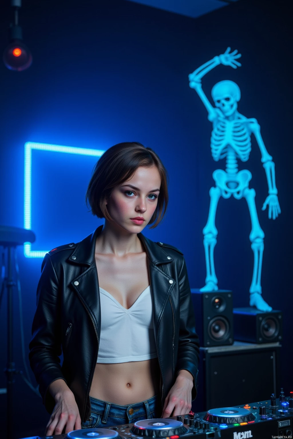 Realistic high quality photo. woman, 26, short dark hair, brown eyes, porcelain skin, wearing black leather jacket, white tank top, denim jeans, black combat boots, stands behind a DJ console in a dim studio lit by blue LED glow, a glowing skeletal figure dancing nearby, midnight hours, she is intensely focused, solitary, surrounded by speakers and mixing equipment.