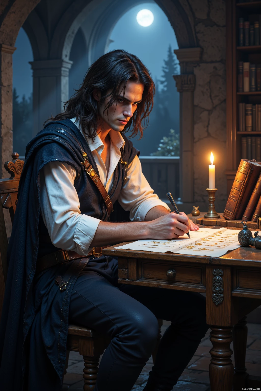 Realistic high quality photo. A tall 36‑year‑old man with long dark hair and piercing eyes, wearing a medieval‑inspired cloak over a simple white shirt and dark pants, sits at an ancient cedar study desk under moonlit glow, tracing a faintly glowing rune on parchment while a flickering candle casts shadows and distant drumbeats echo through hidden corridors.