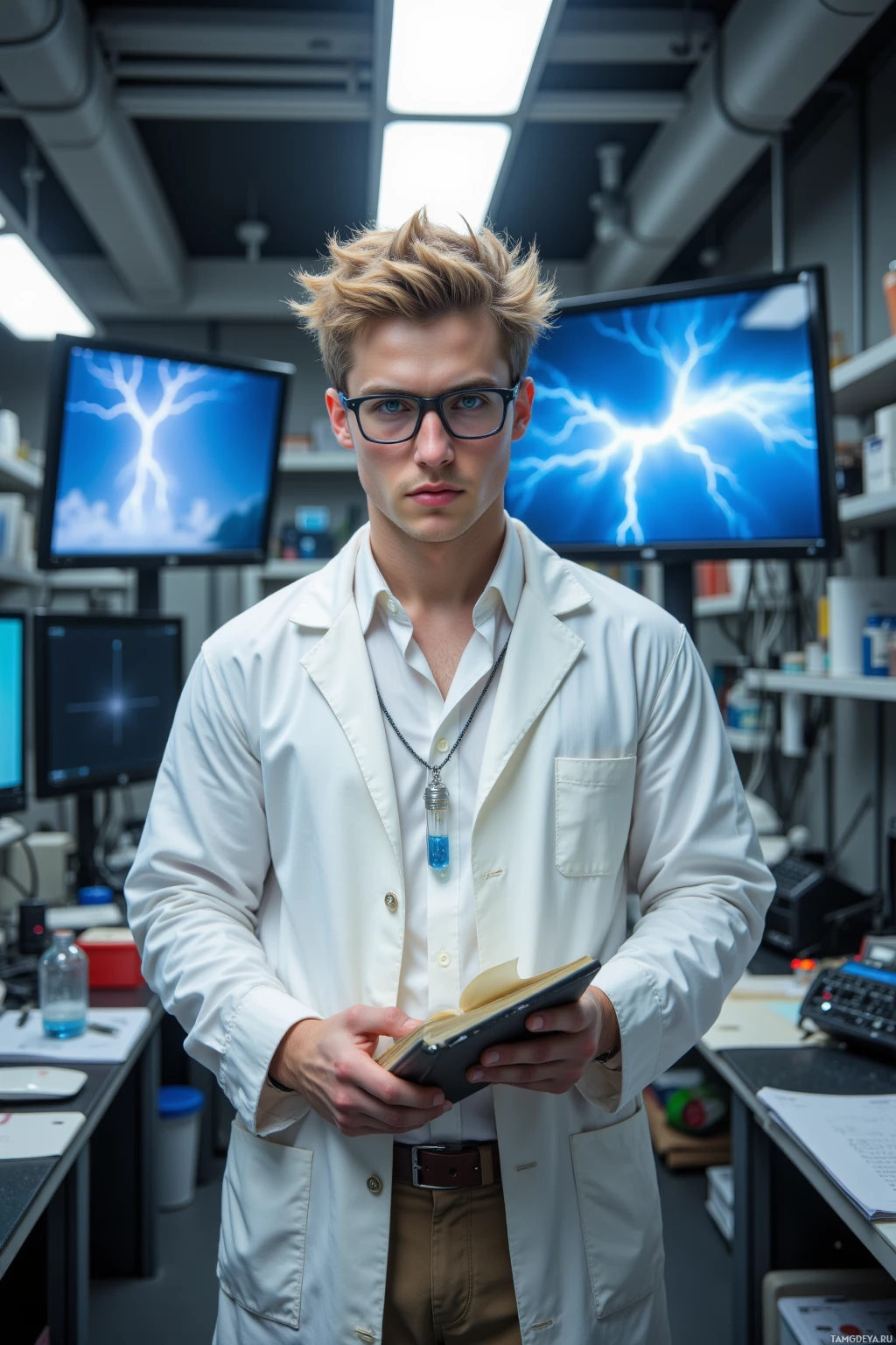Realistic high quality photo. Young man with sandy‑blond messy hair, sharp blue eyes behind black‑rimmed glasses, white dress shirt under a slightly worn lab coat, silver test tube pendant necklace, standing in a modern physics laboratory surrounded by computers and a large monitor displaying a simulated thunderstorm, holding a notebook while one safety goggles is tucked behind a centrifuge, fluorescent lighting.