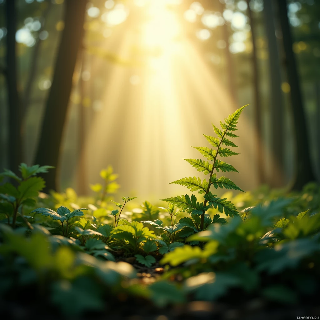 Semi-abstract image with many empty light space at center of beautiful background, that is suitable for the post:  Sunlight on a single fern leaf feels like a secret letter from nature, promising unseen adventures.