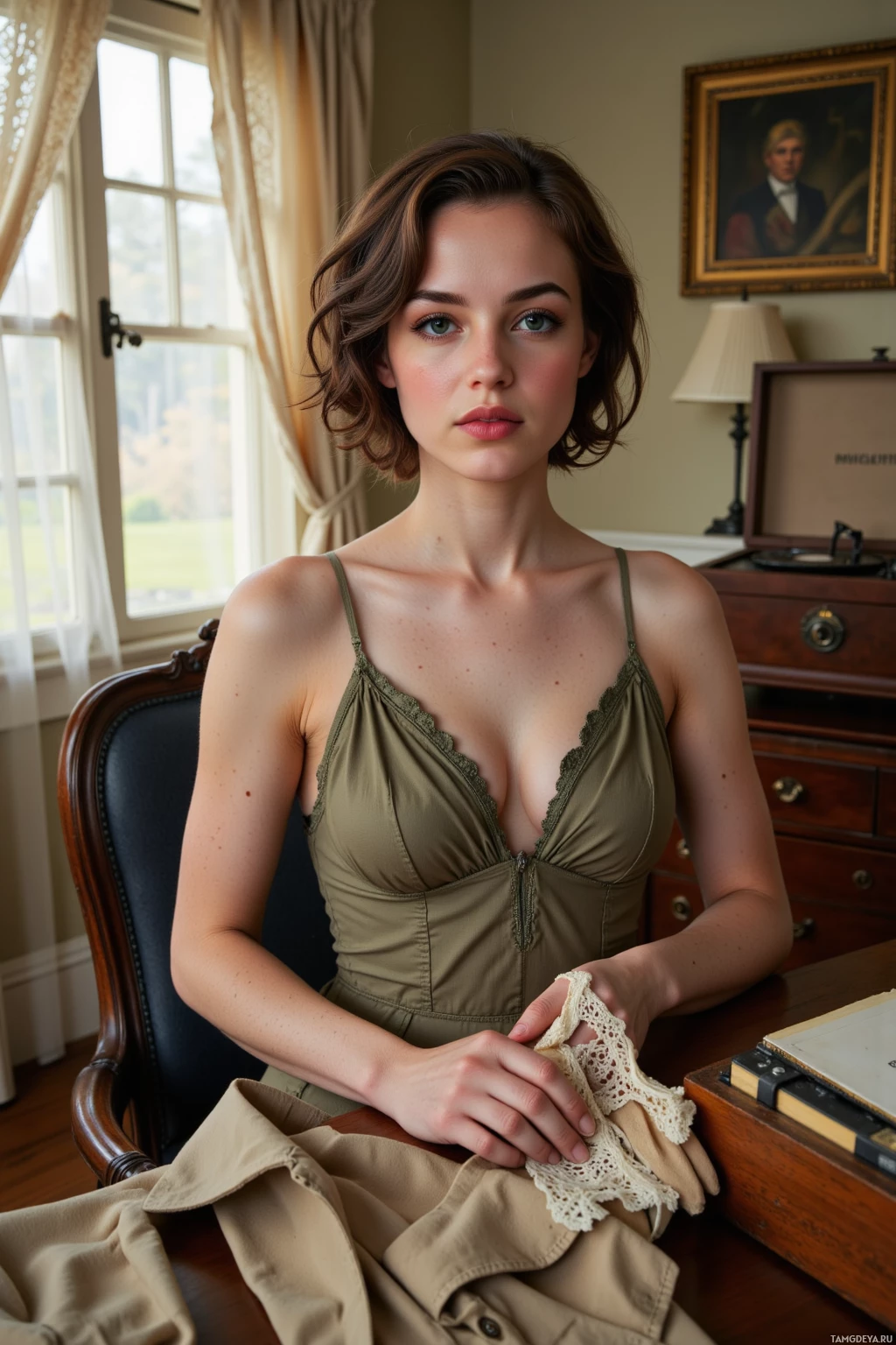 Realistic high quality photo. Woman, 31, voluminous curly brunette hair, bright blue eyes, fair skin, slender face with high cheekbones and full lips, wearing a high‑waisted flapper dress and red lipstick, seated at a wooden table sorting a box of 1940s lace gloves, with a vintage vinyl record player beside her and a trench coat in front of her as she stitches a new seam, lace curtains filtering warm afternoon light across a classic 1940s‑1950s interior, exuding quiet confidence.