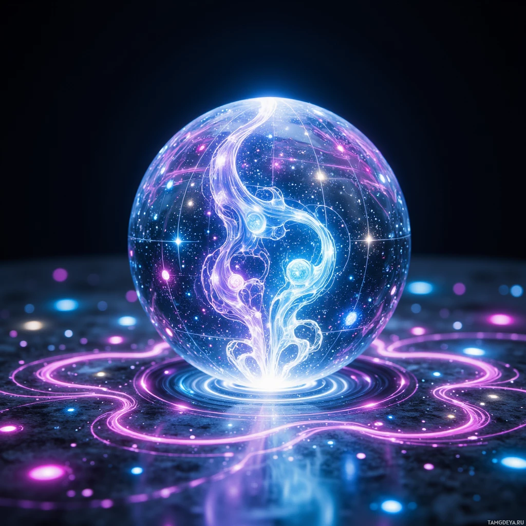 Semi-abstract image with many light, that is suitable for the post:  A tiny translucent crystal orb the size of a coin, its clear surface etched with shifting neon glyphs and fractal patterns that rearrange in real time, glowing faintly from within and projecting swirling holographic key maps around it.