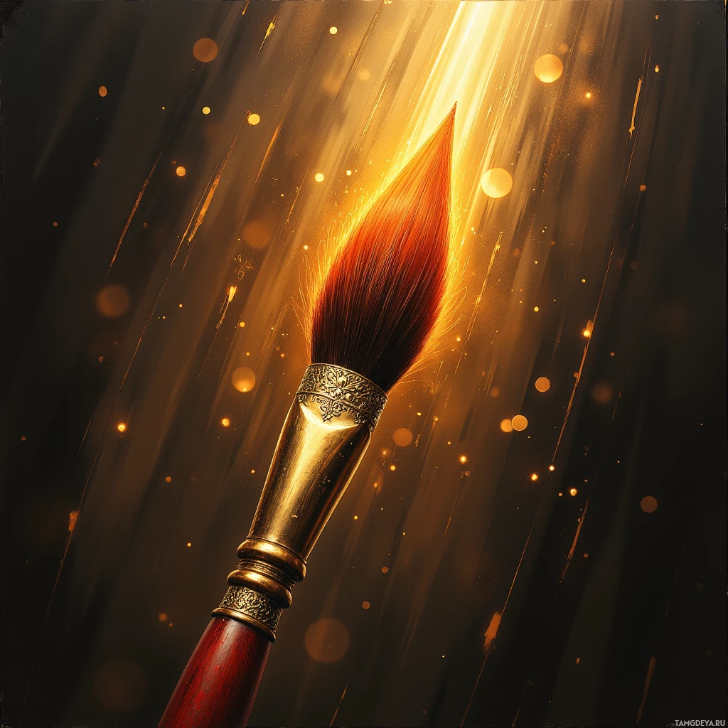 Semi-abstract image with many light, that is suitable for the post:  Antique 18th‑century single‑hand sable brush with long tapered sable hair, brass ferrule hand‑wrought in delicate filigree, subtle patina, precise angled tip for chiaroscuro, warm bronze tones and deep sable elegance.