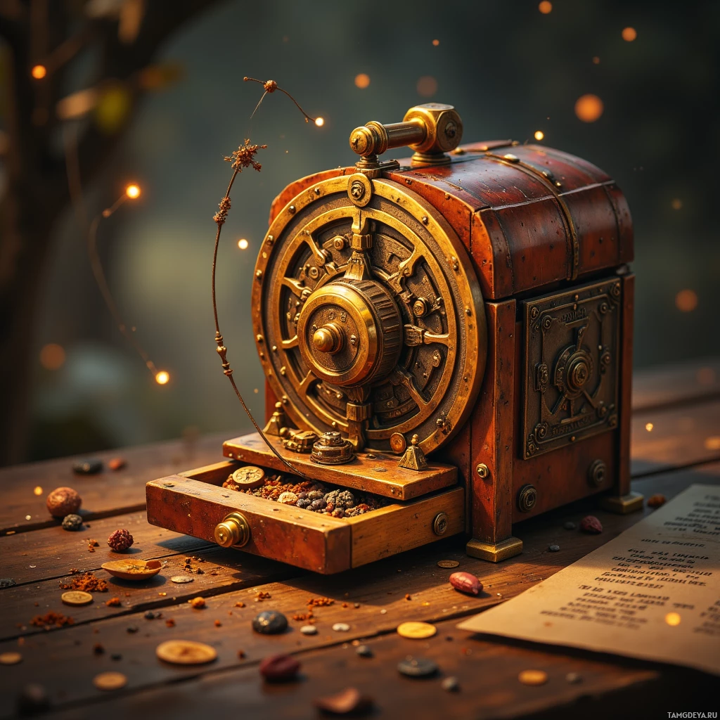 Semi-abstract image with many light, that is suitable for the post:  pocket‑sized copper‑encased gadget with a tiny wooden wheel and intricate brass gears, featuring a rotating carousel that pulls out a hidden drawer of dried herbs, an integrated pressure sensor display, all finished in antique brass sheen.