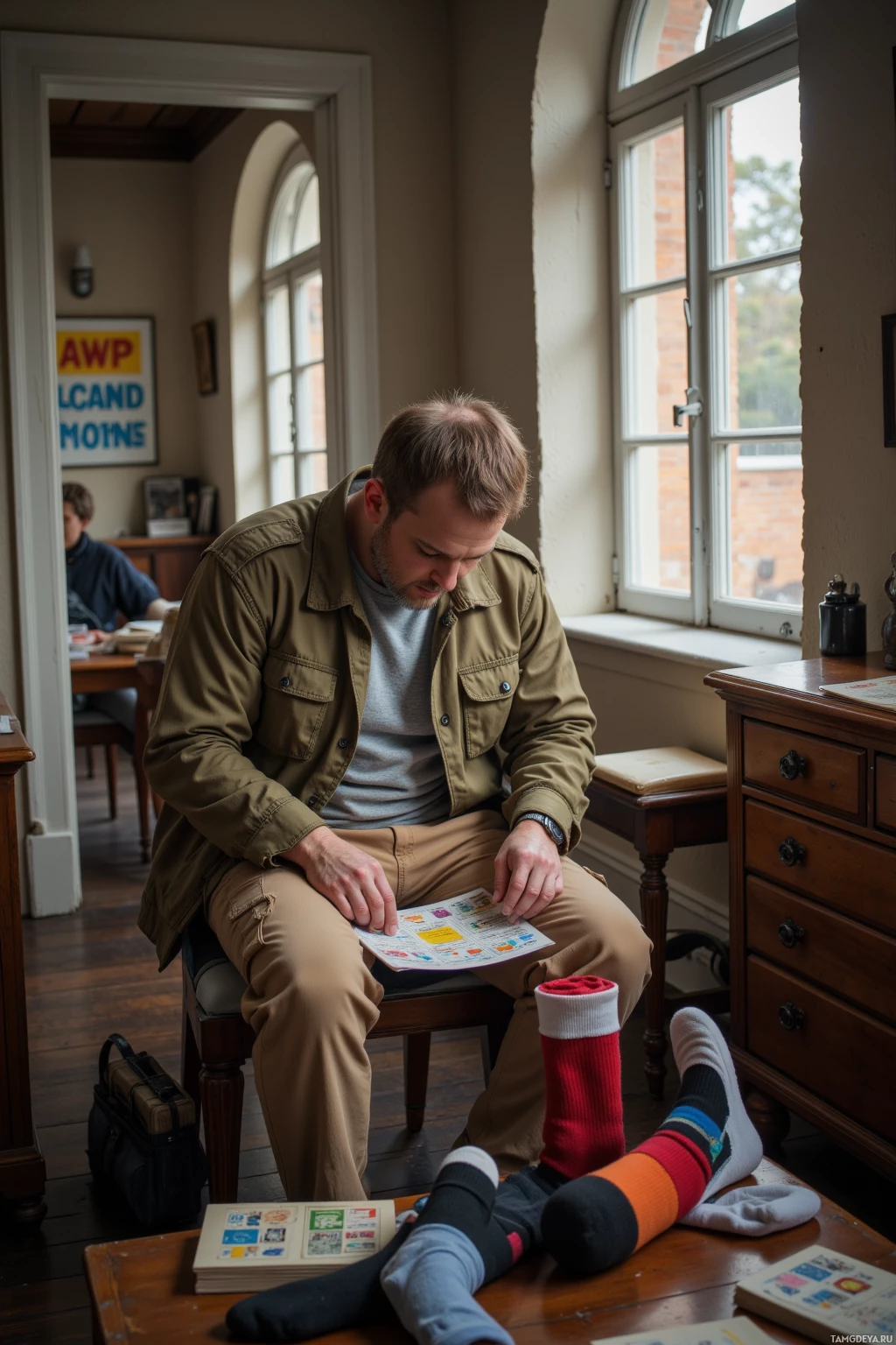 Realistic high quality photo. A 38‑year‑old man with short light brown hair and blue eyes, light skin, wearing a khaki military‑style jacket over a gray T‑shirt and beige cargo pants, sits in a quiet hallway bathed in soft natural light folding protest flyers on a wooden table with meticulous precision while arranging colorful socks on a nearby dresser beside an antique stamp album.