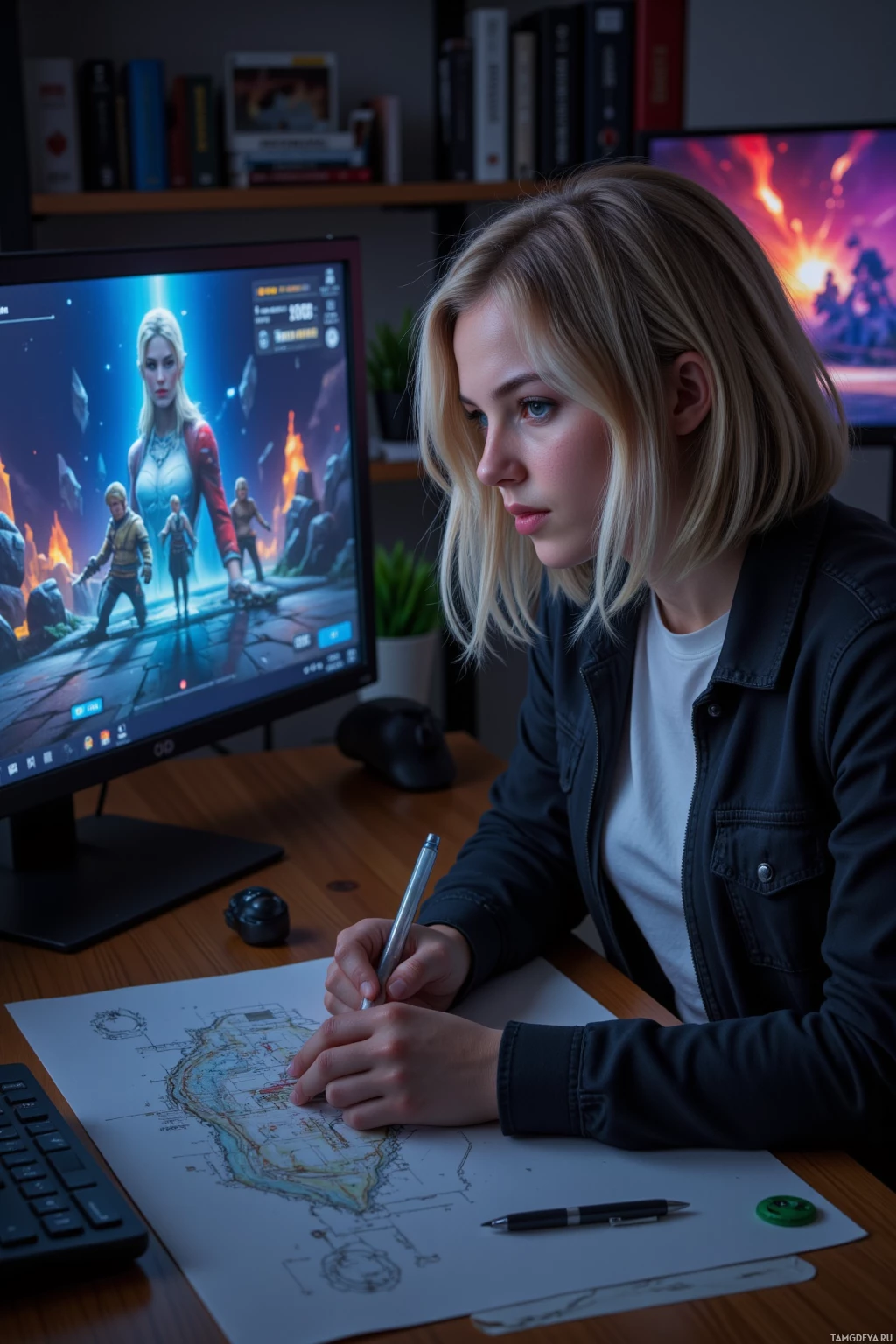 Realistic high quality photo. A 26‑year‑old woman with light blonde bobbed hair and green eyes, wearing a dark jacket over a white shirt and jeans, sits in a dimly lit evening room, intensely analyzing a computer screen showing a raid game while sketching a detailed enemy wave map on paper with a pen, surrounded by a game controller and notes, embodying precise strategic focus.