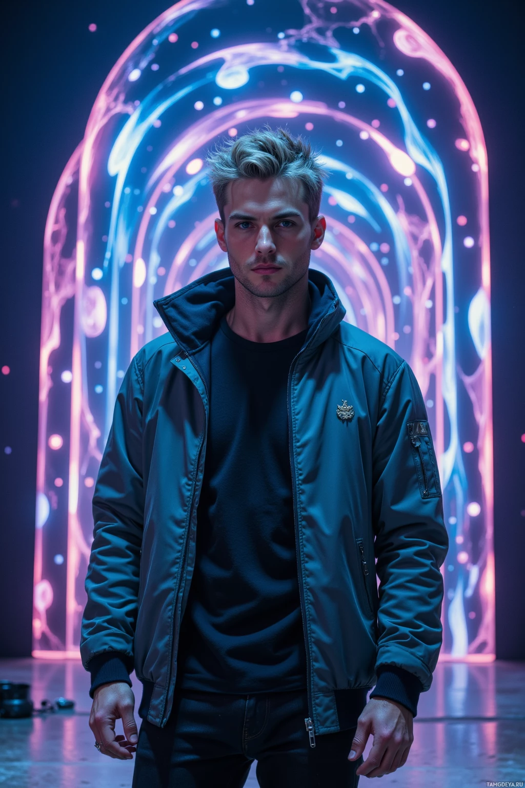 Realistic high quality photo. A slim 27‑year‑old male actor with silver short hair and piercing blue eyes, wearing a matte‑gray jacket over a sleek techwear shirt, stands on a futuristic theater stage illuminated by dynamic holographic light projections that flicker like quantum gates, calmly adjusting choreography while observing the rhythm of the lights.