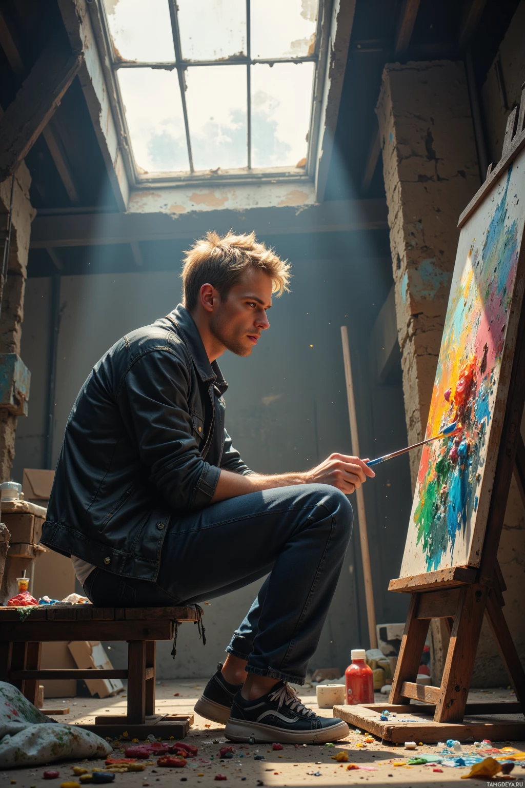 Realistic high quality photo. A 30‑year‑old brooding man with messy blonde hair, green eyes, pale skin, wearing a worn black jacket, white t‑shirt, jeans, scuffed sneakers, sits in a loft with a cracked skylight letting sunlight filter through dust, painting vivid colors on an easel while a golden speck drifts in the air.