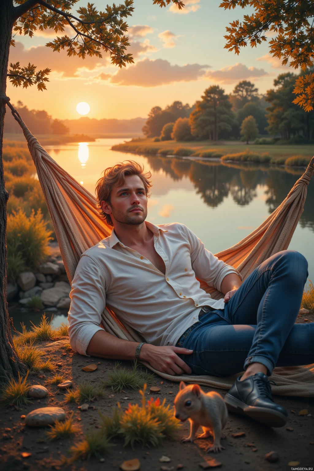 Realistic high quality photo. A 30‑year‑old man with messy blonde hair, blue eyes, pale skin, wearing a casual button‑down shirt and jeans, calmly lounging in a hammock over a tranquil river at sunset, a gentle breeze blowing, and a stray squirrel inspecting his snack beside him.